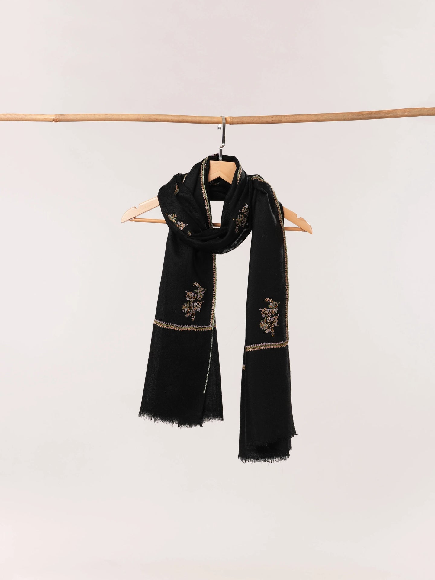 Black Featherlight Handwoven Cashmere Scarf with Hand Embroidery Shahkaar.com