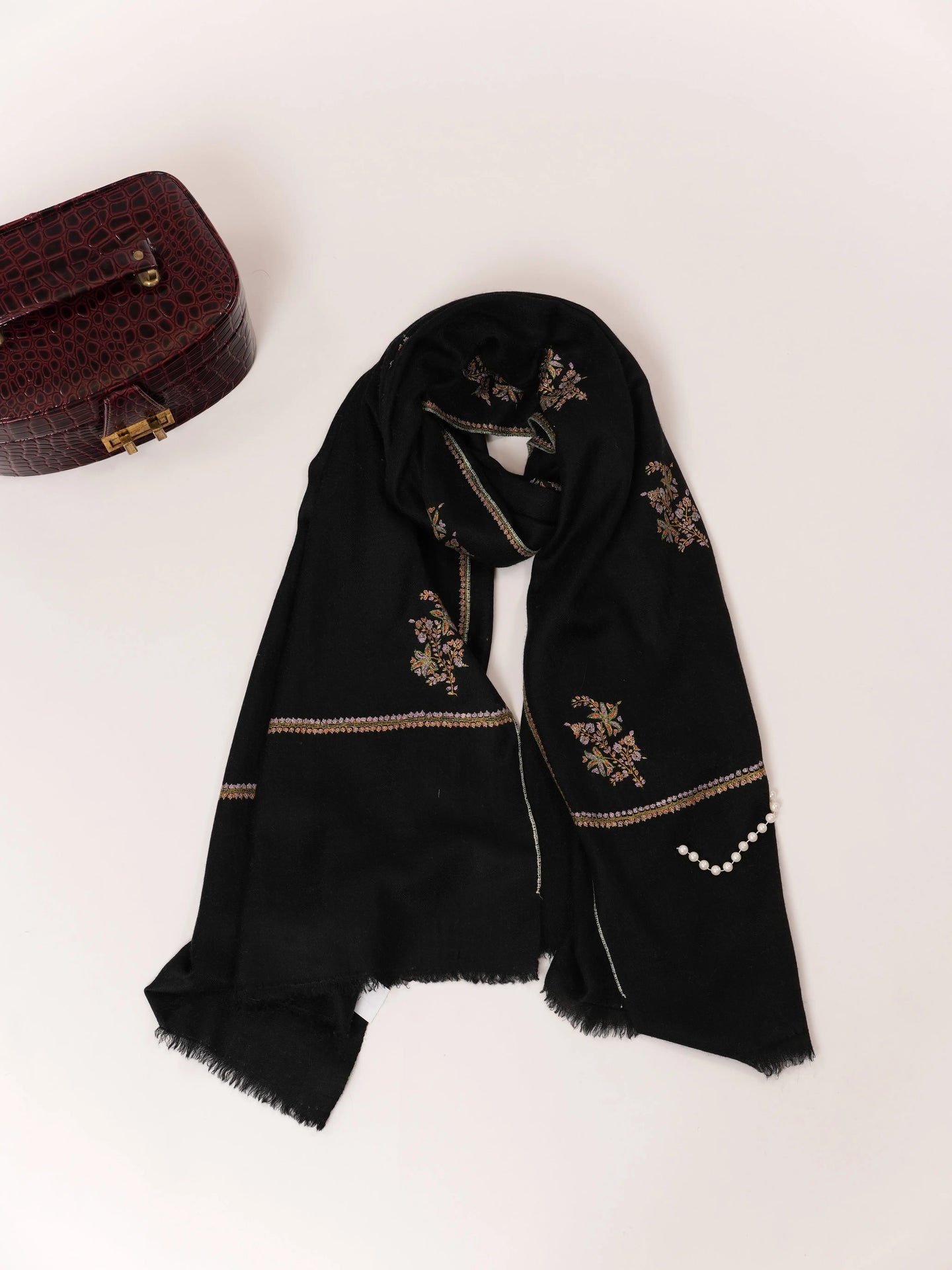 Black Featherlight Handwoven Cashmere Scarf with Hand Embroidery Shahkaar.com