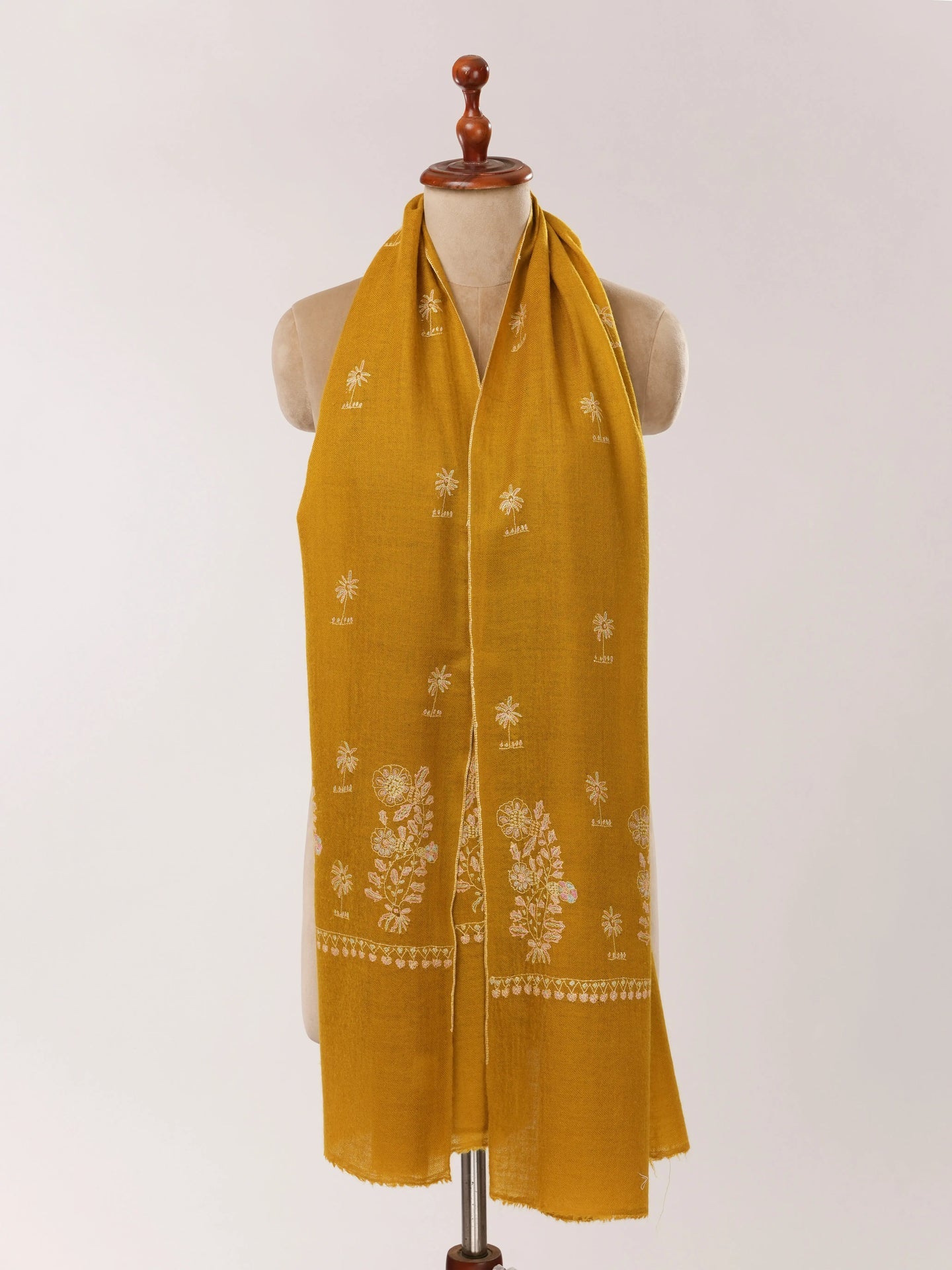 Mustard Cashmere Scarf with Detailed Hand Embroidery Shahkaar.com