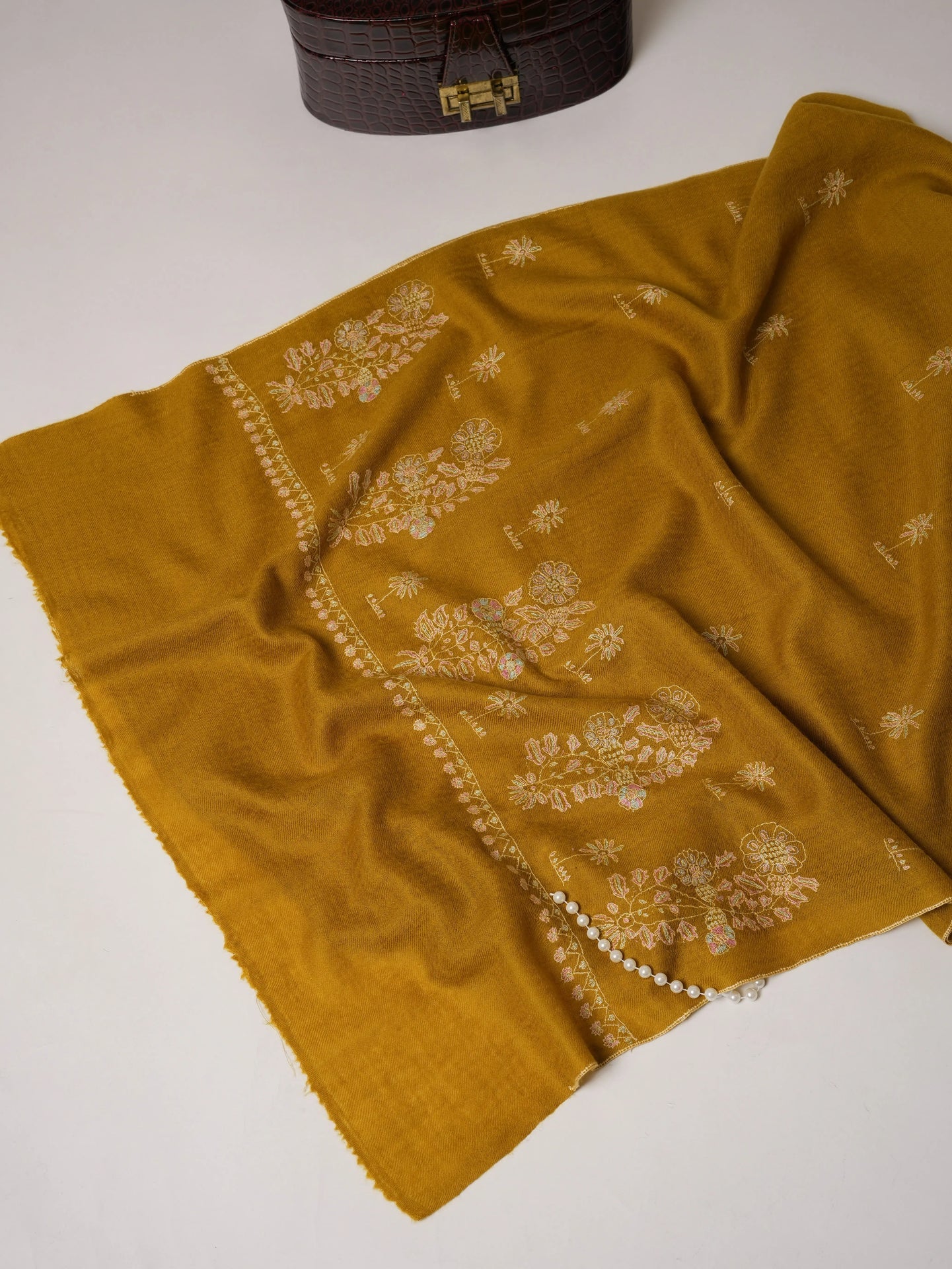 Mustard Cashmere Scarf with Detailed Hand Embroidery Shahkaar.com