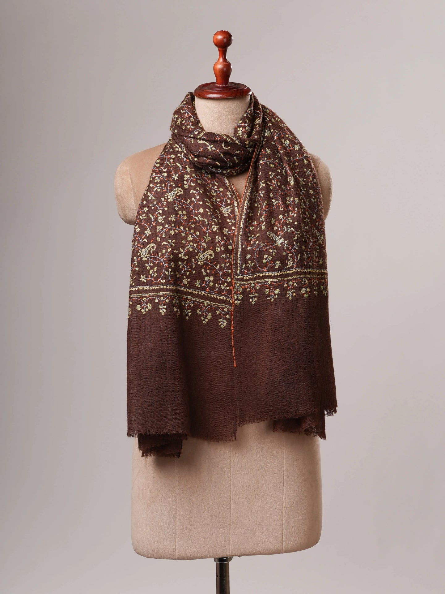 Featherlight Handwoven Brown Cashmere Scarf with All Over Hand Embroidery Shahkaar