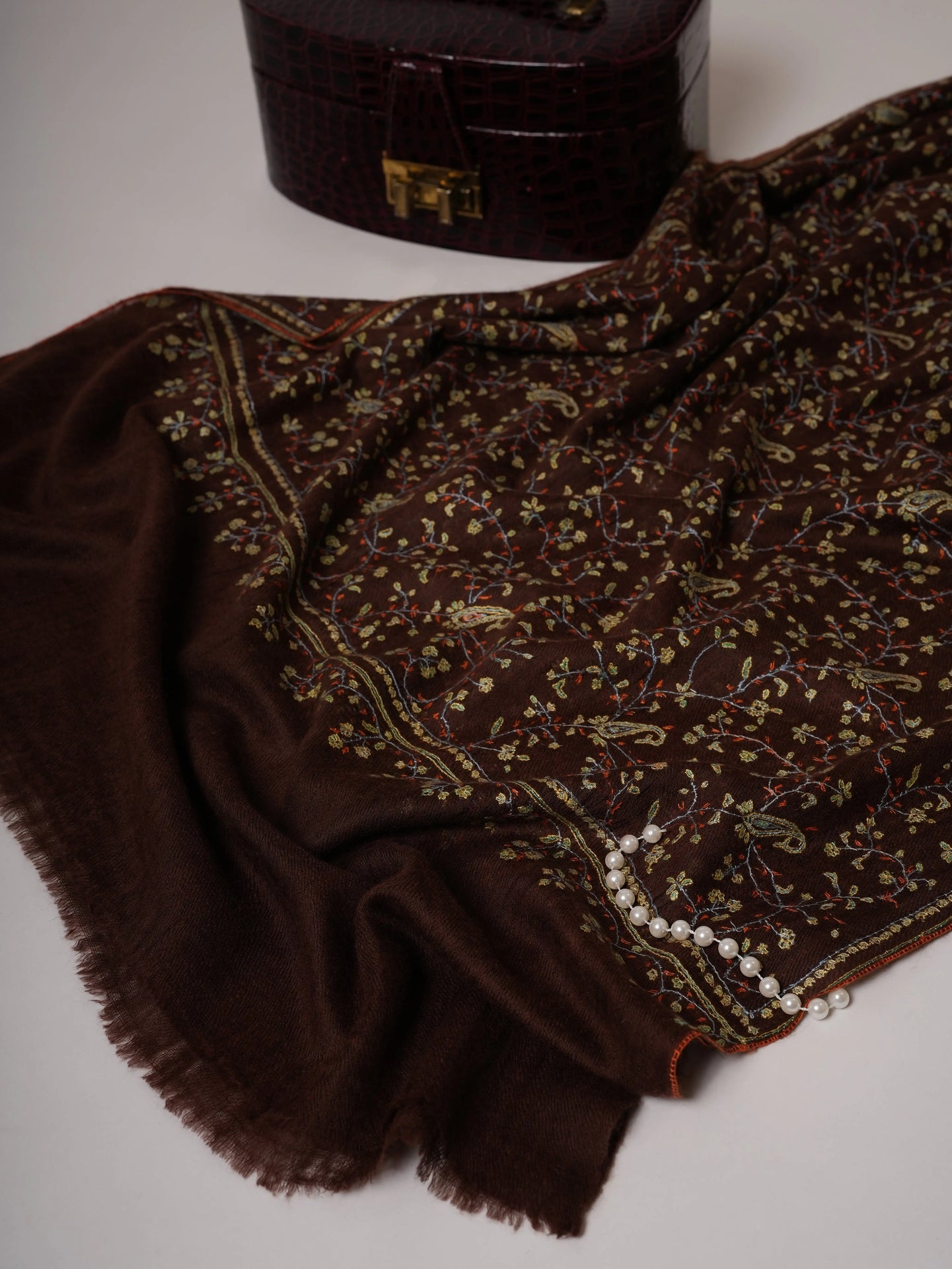 Featherlight Handwoven Brown Cashmere Scarf with All Over Hand Embroidery Shahkaar