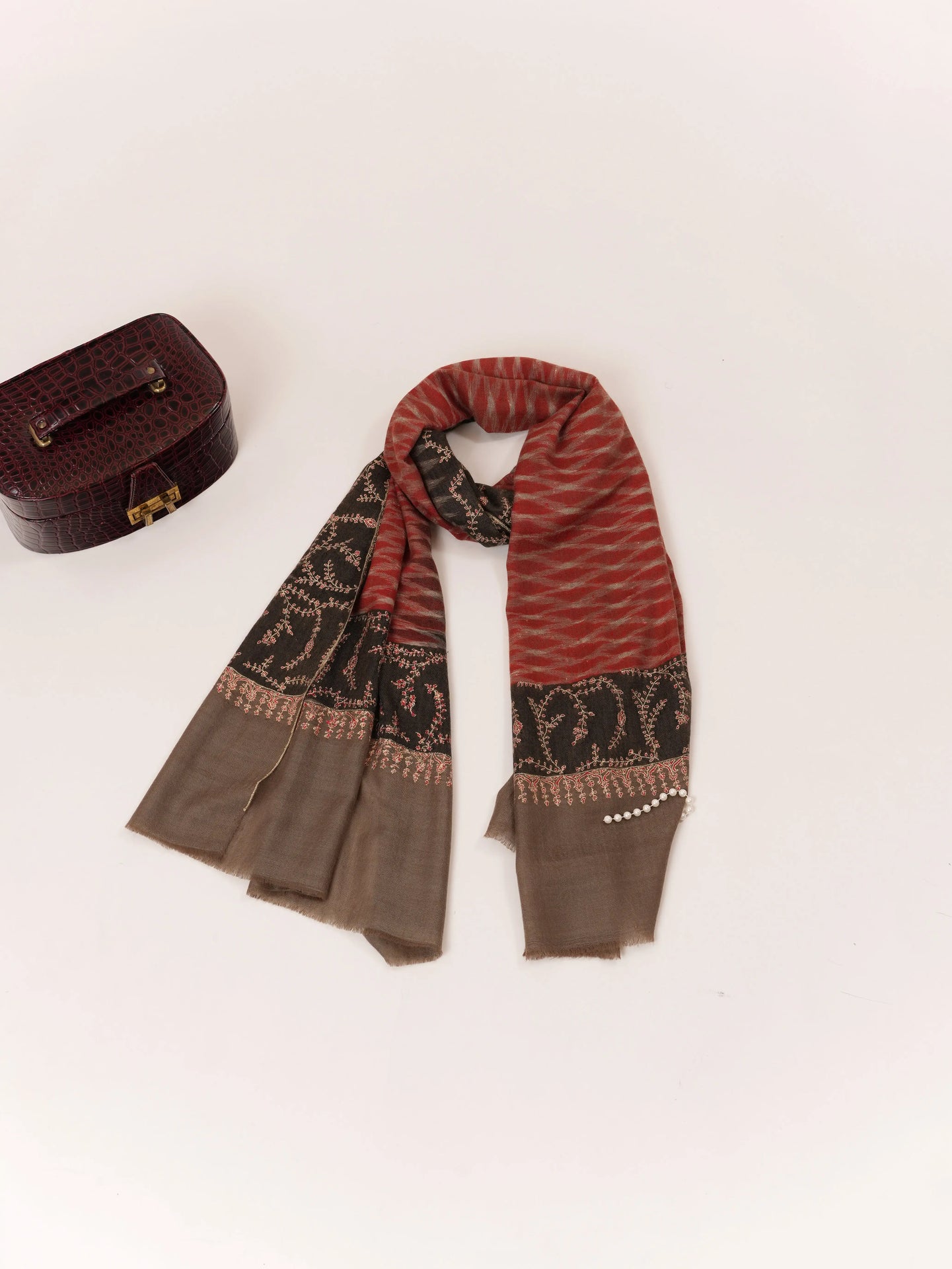 Handwoven Kashmiri Scarf with Ikat and Hand Sozni Work Shahkaar.com