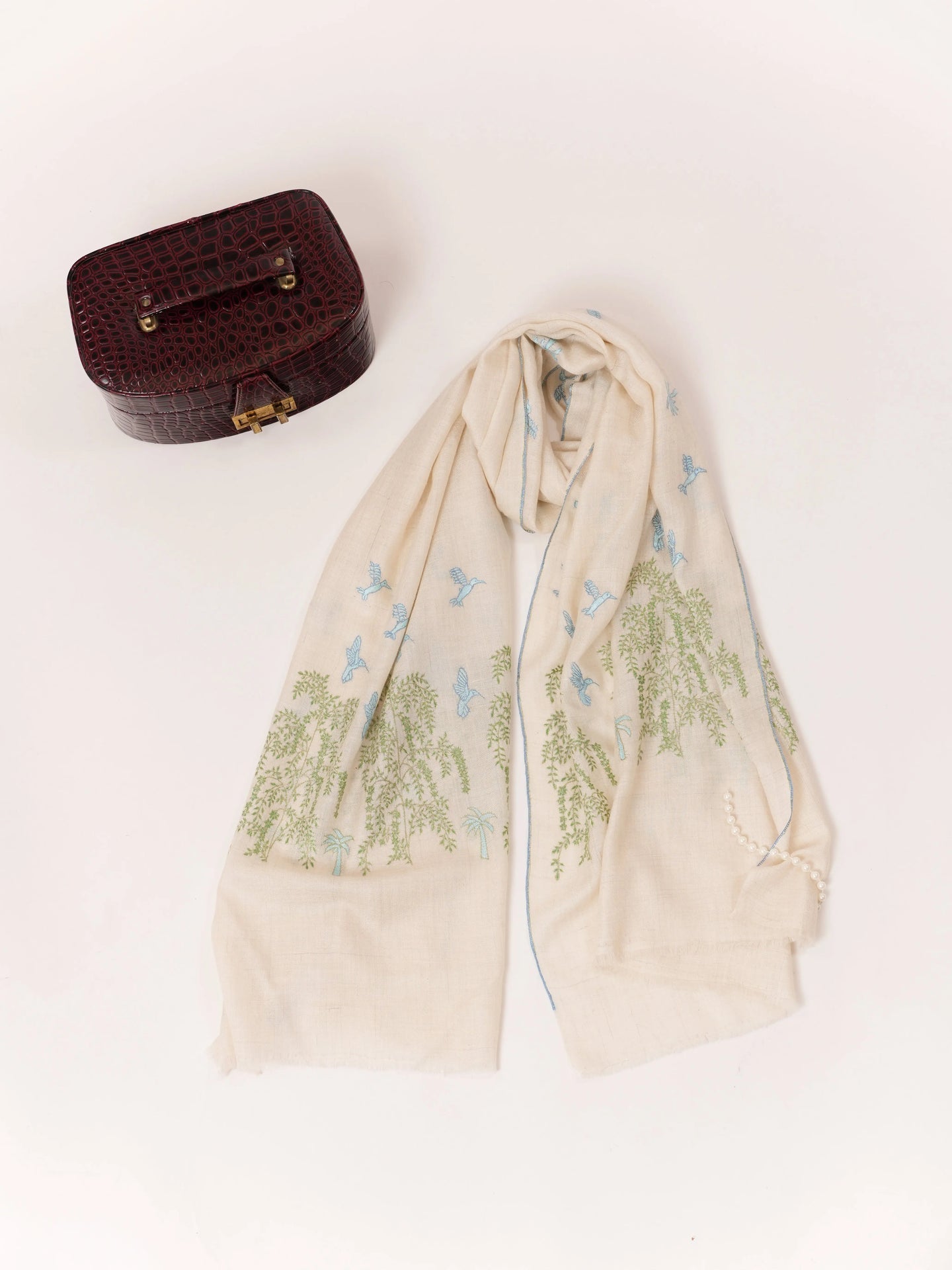 Handwoven Off White Cashmere Scarf with Minimalist Hand Embroidery Shahkaar.com