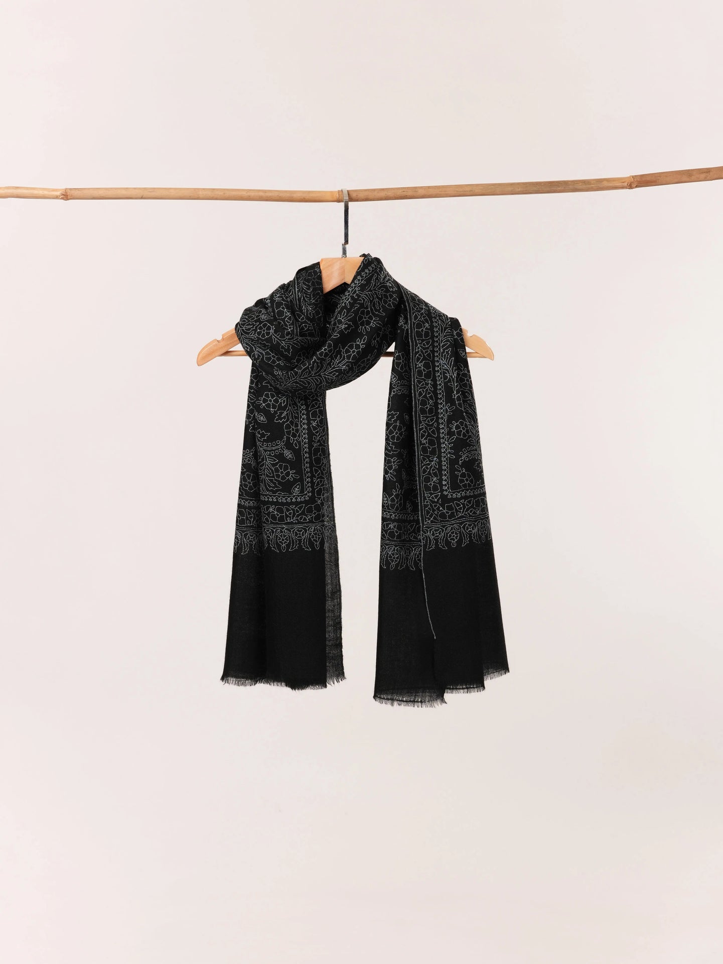 Kashmiri Black Scarf in Cashmere with Jali Sozni Embroidery Shahkaar.com