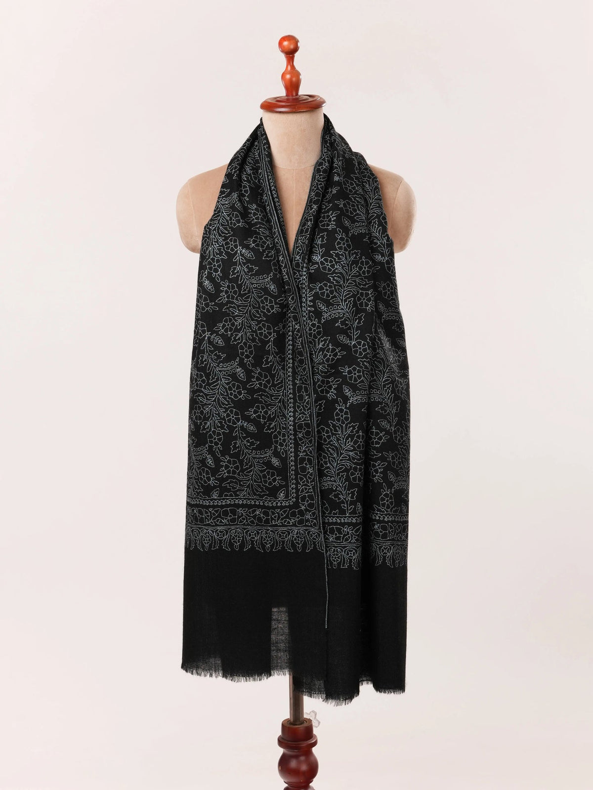 Kashmiri Black Scarf in Cashmere with Jali Sozni Embroidery Shahkaar.com