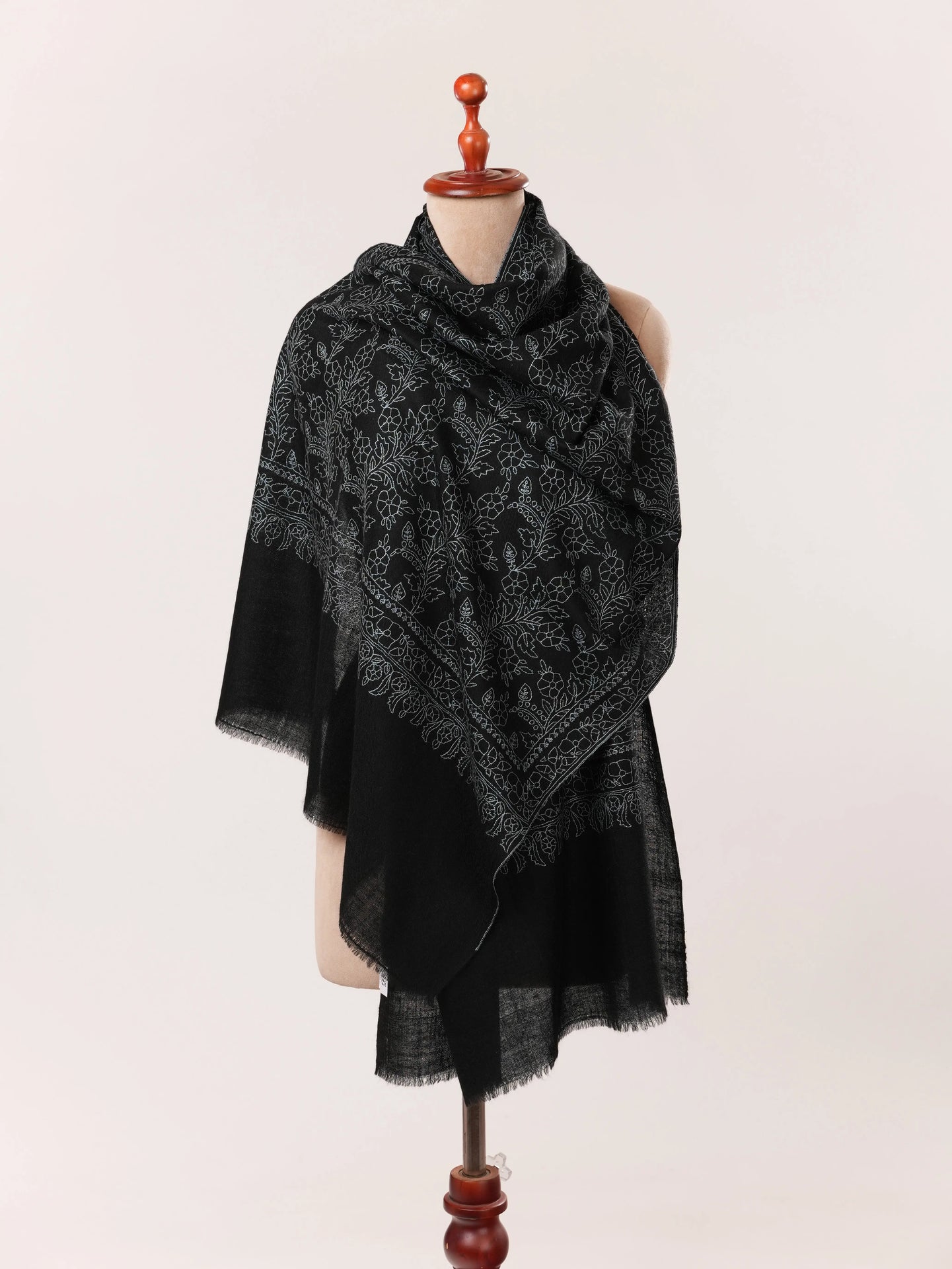 Kashmiri Black Scarf in Cashmere with Jali Sozni Embroidery Shahkaar.com