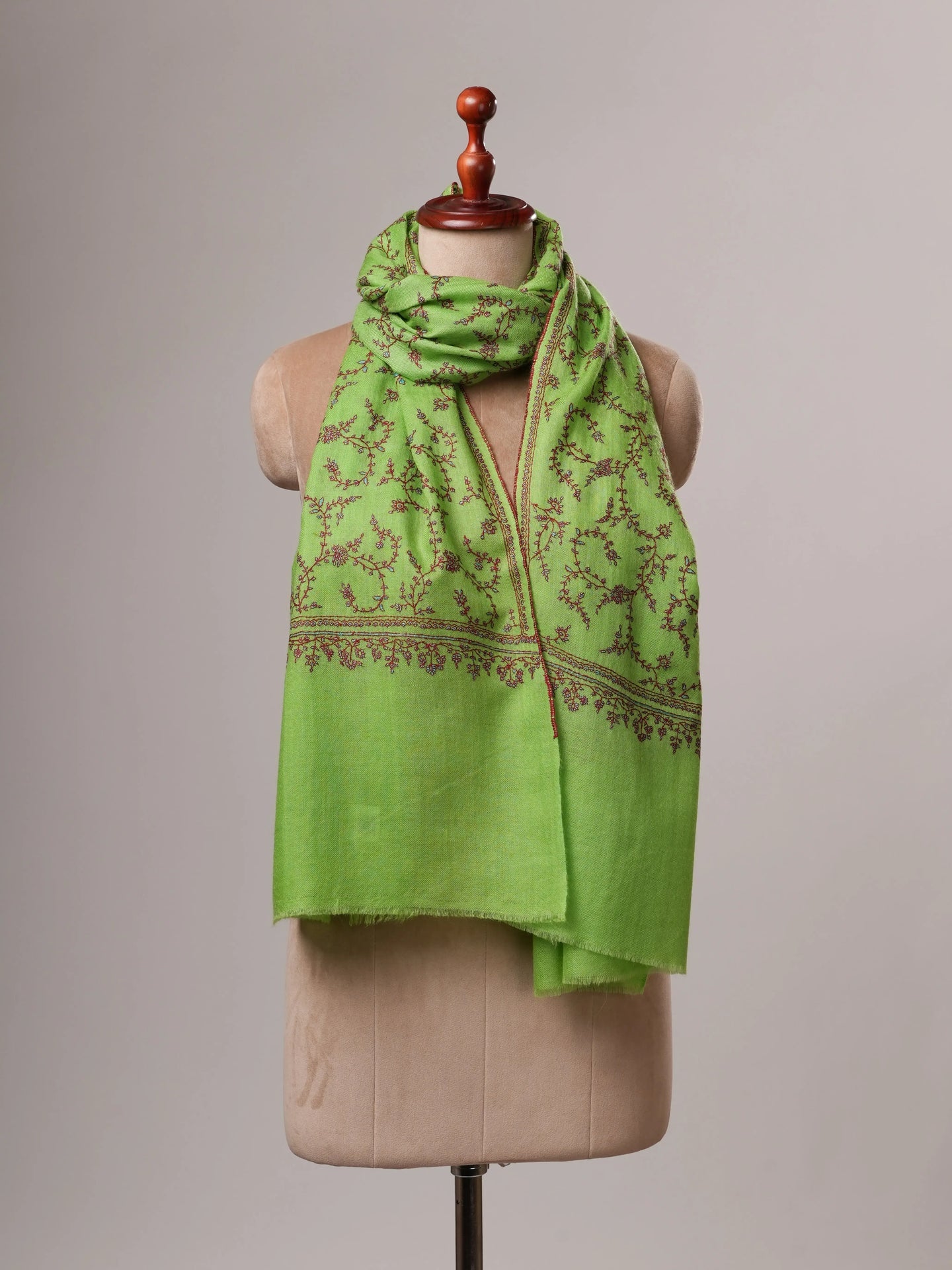 Parrot Green Cashmere Scarf with Jali Sozni Hand Embroidery Shahkaar