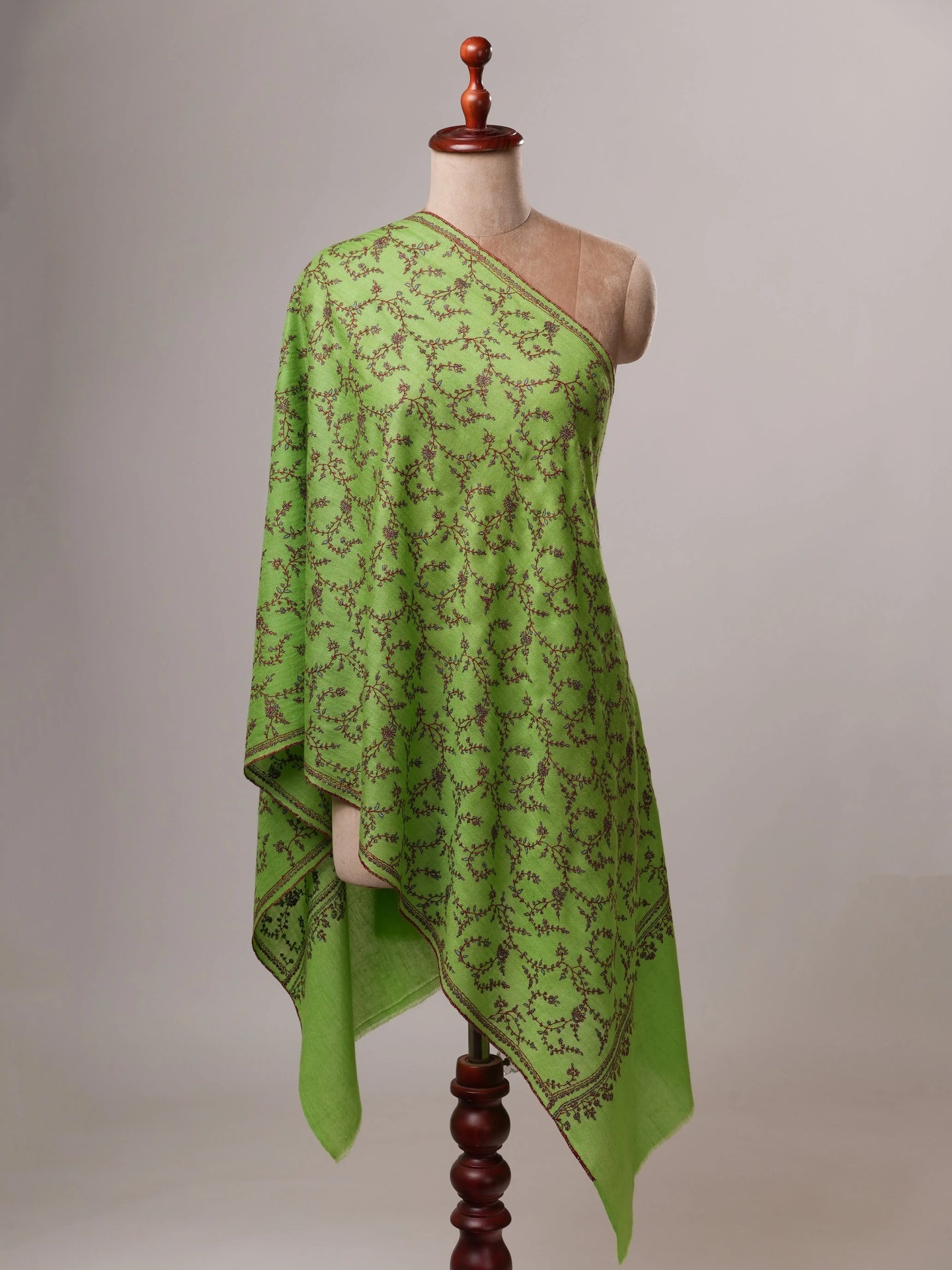 Parrot Green Cashmere Scarf with Jali Sozni Hand Embroidery Shahkaar