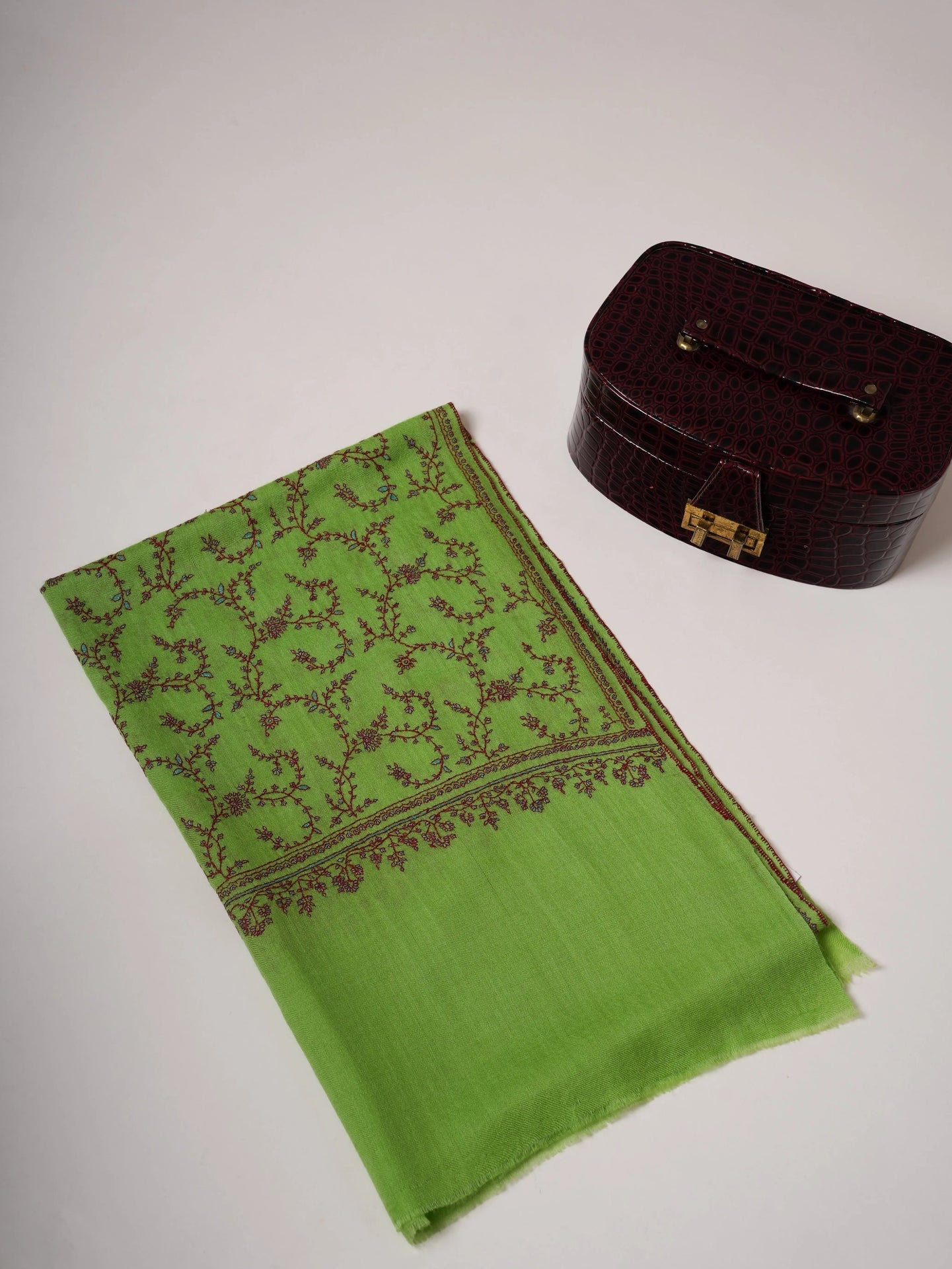 Parrot Green Cashmere Scarf with Jali Sozni Hand Embroidery Shahkaar