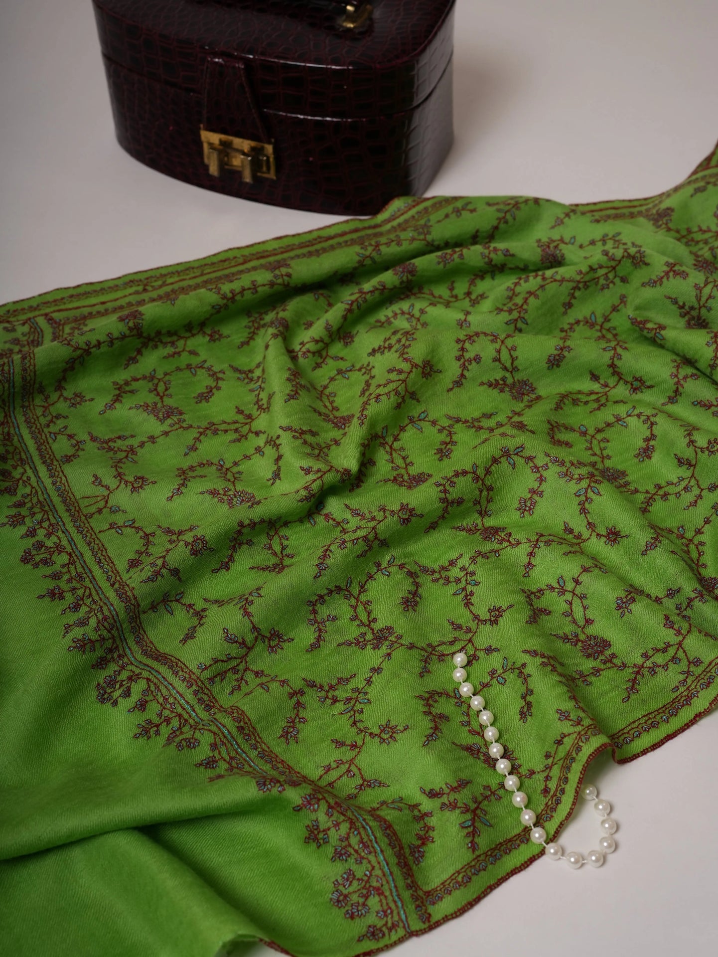 Parrot Green Cashmere Scarf with Jali Sozni Hand Embroidery Shahkaar