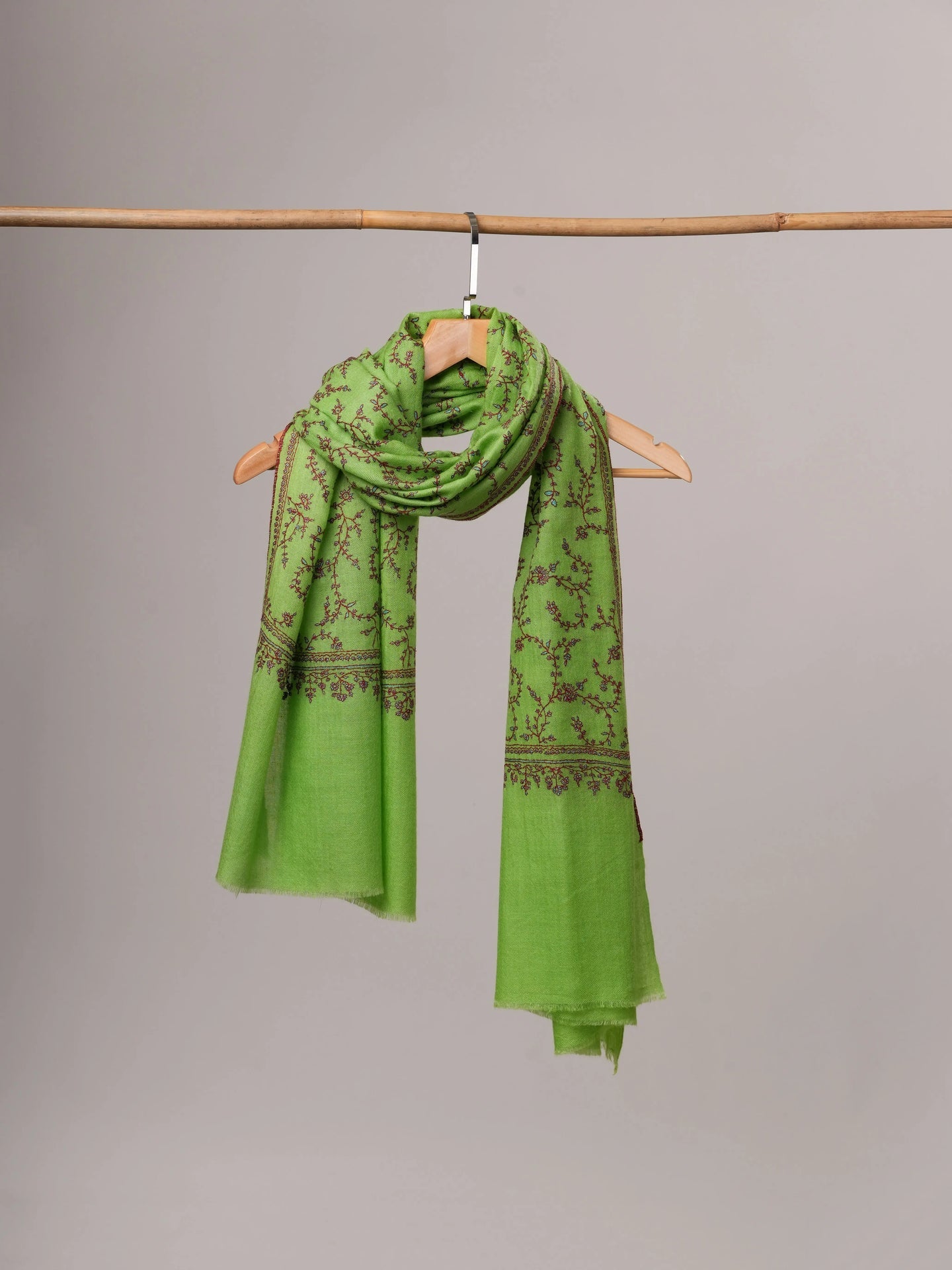 Parrot Green Cashmere Scarf with Jali Sozni Hand Embroidery Shahkaar