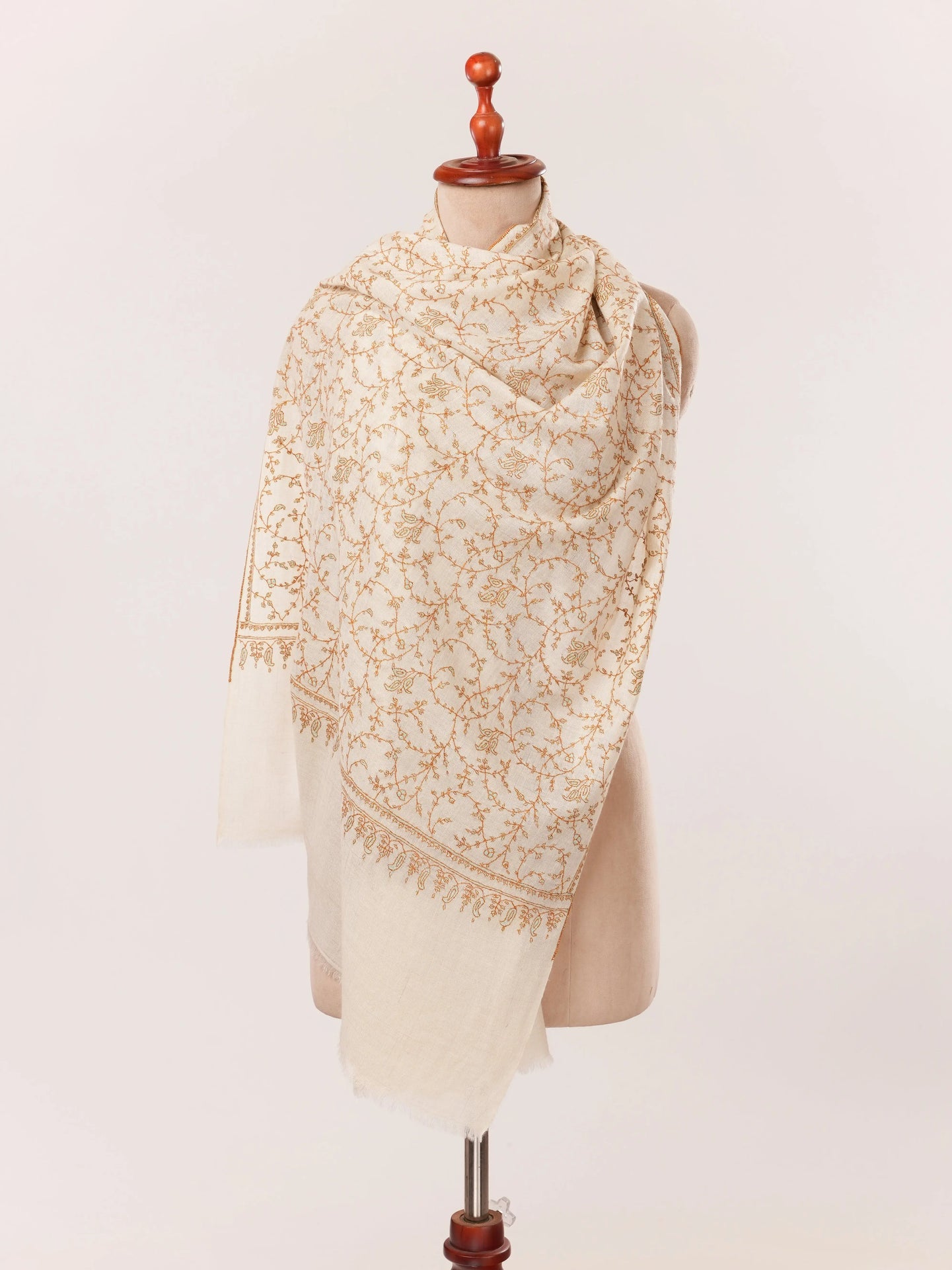 Natural White Scarf in Handwoven Baby Soft Cashmere with Jali hand Sozni Embroidery Shahkaar.com