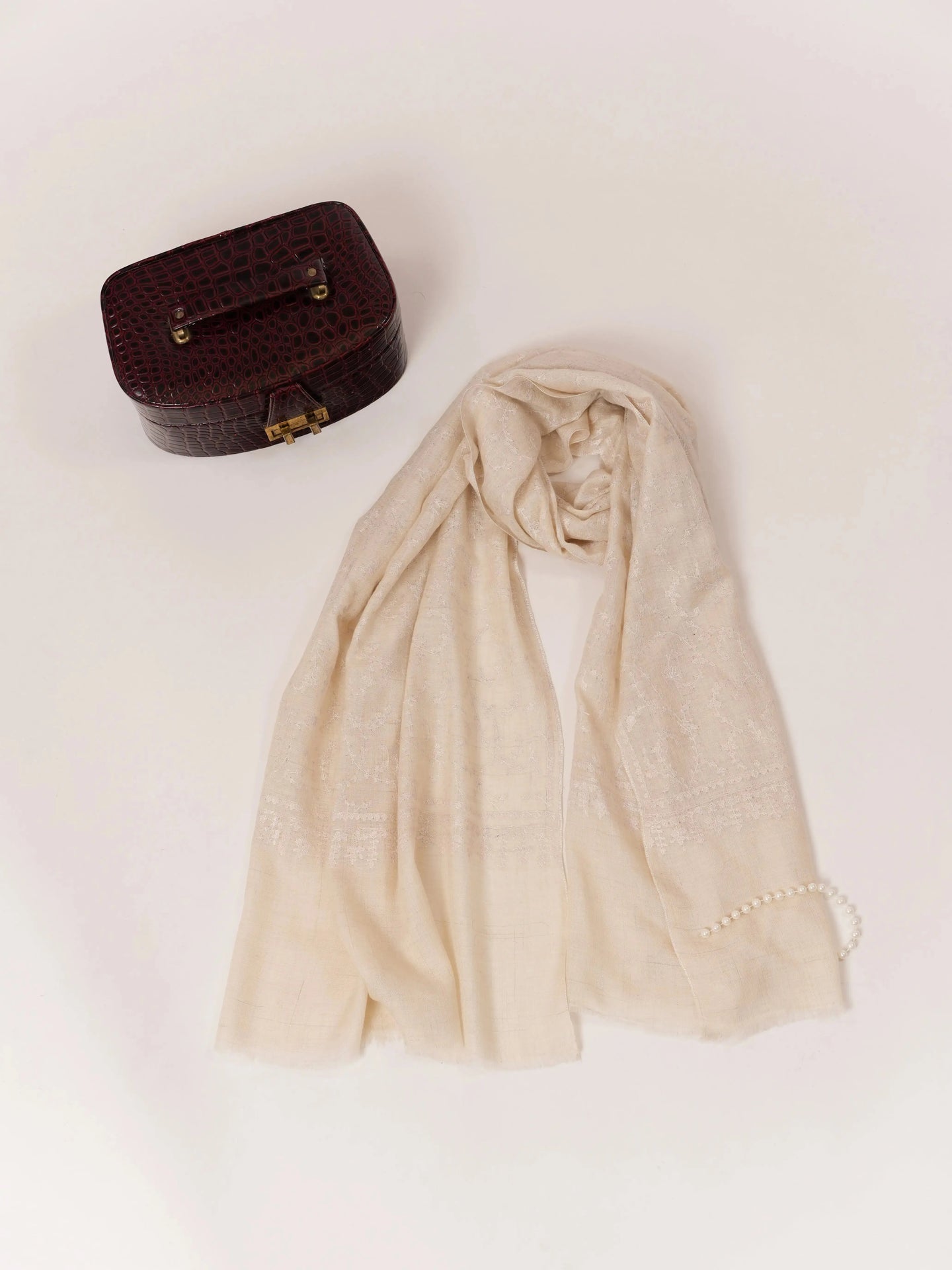 Natural Off White Handwoven Cashmere Scarf with White Hand Embroidery Shahkaar.com