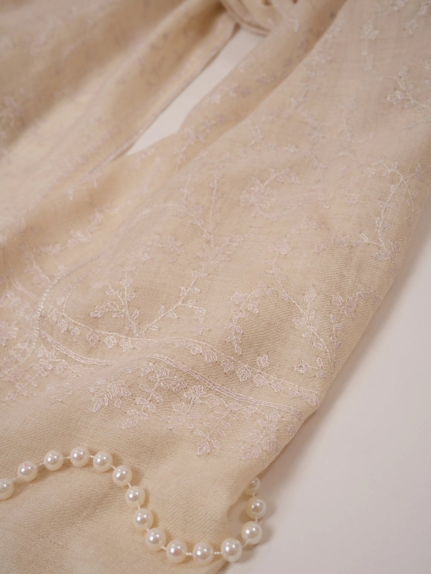 Natural Off White Handwoven Cashmere Scarf with White Hand Embroidery Shahkaar.com