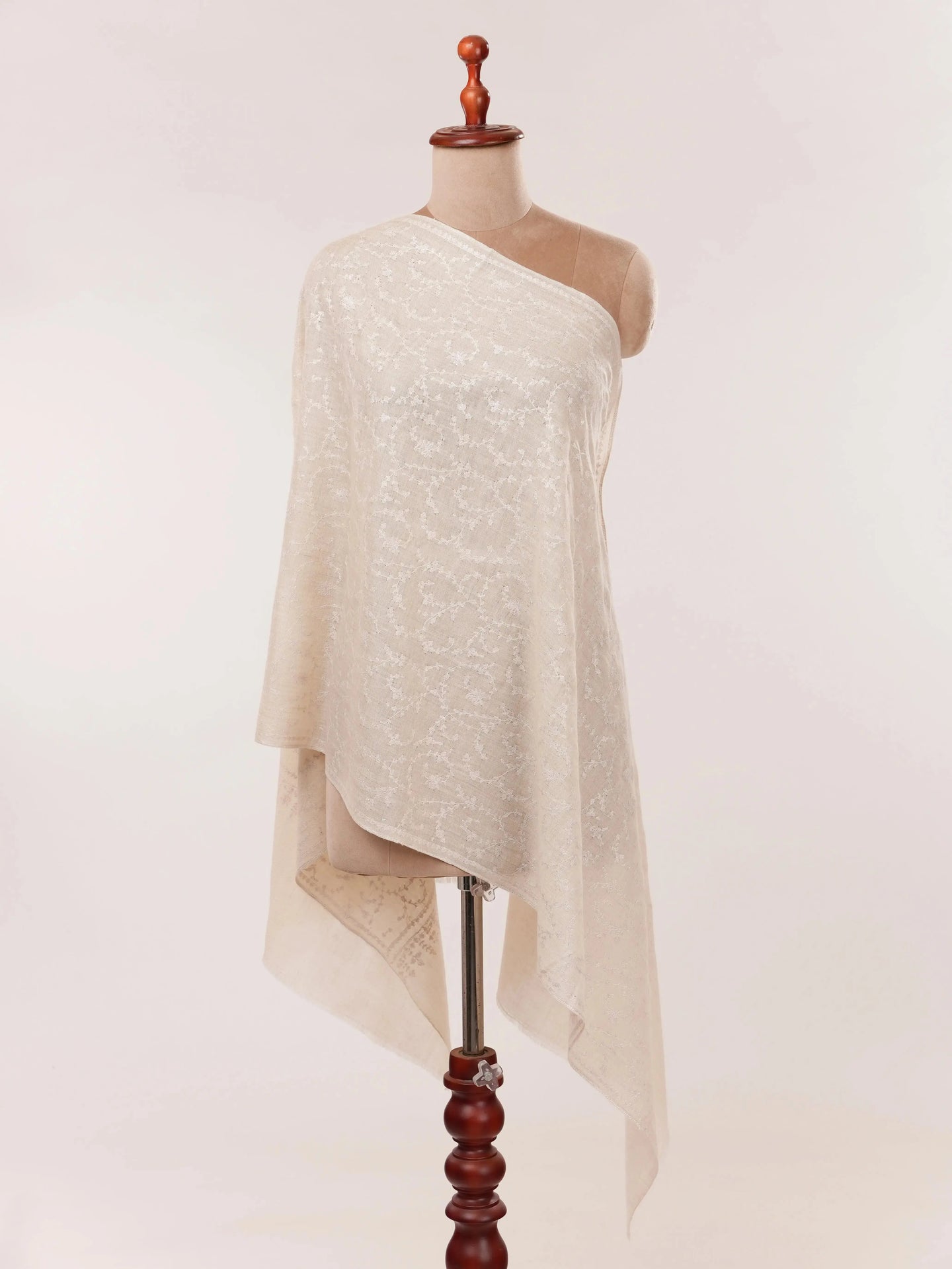 Natural Off White Handwoven Cashmere Scarf with White Hand Embroidery Shahkaar.com