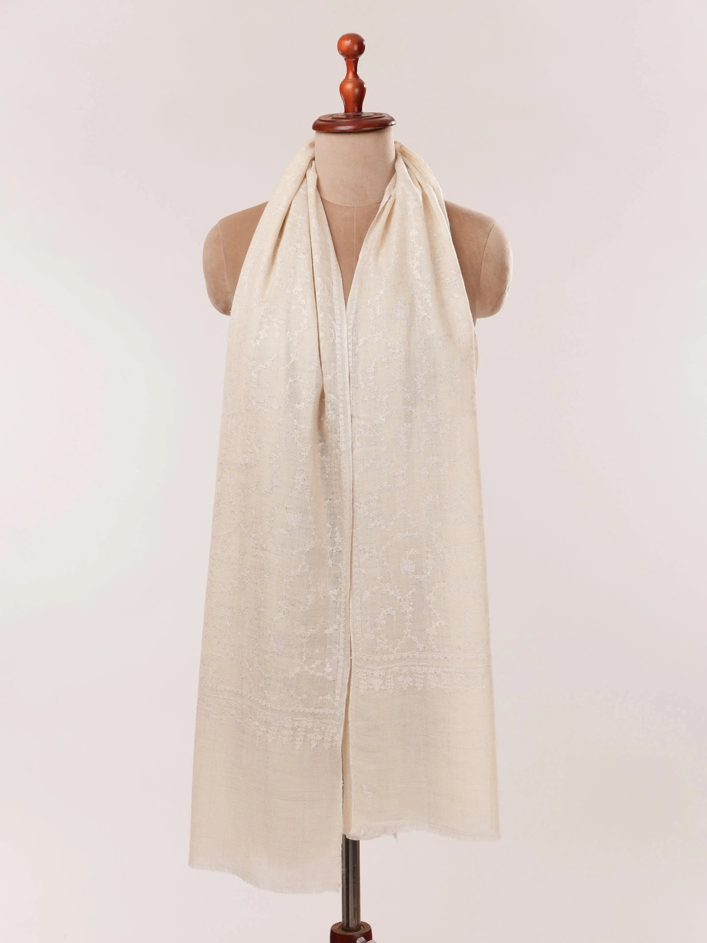 Natural Off White Handwoven Cashmere Scarf with White Hand Embroidery Shahkaar.com