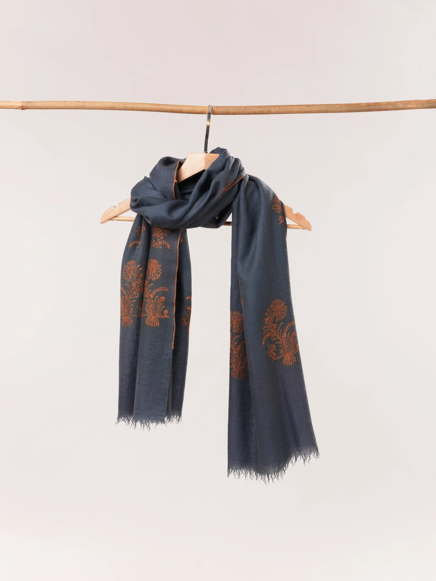 Dark Grey Handwoven Cashmere Scarf with Needlework Embroidery Shahkaar.com