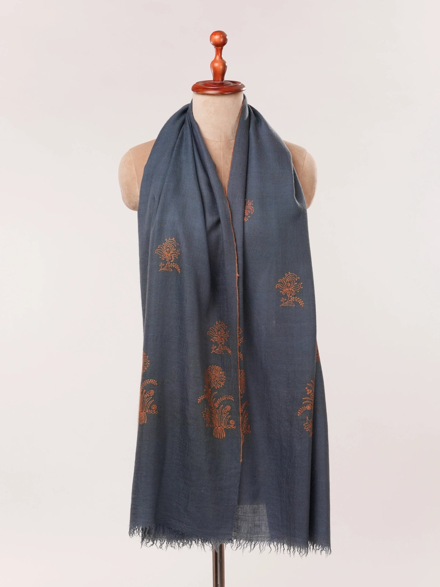 Dark Grey Handwoven Cashmere Scarf with Needlework Embroidery Shahkaar.com