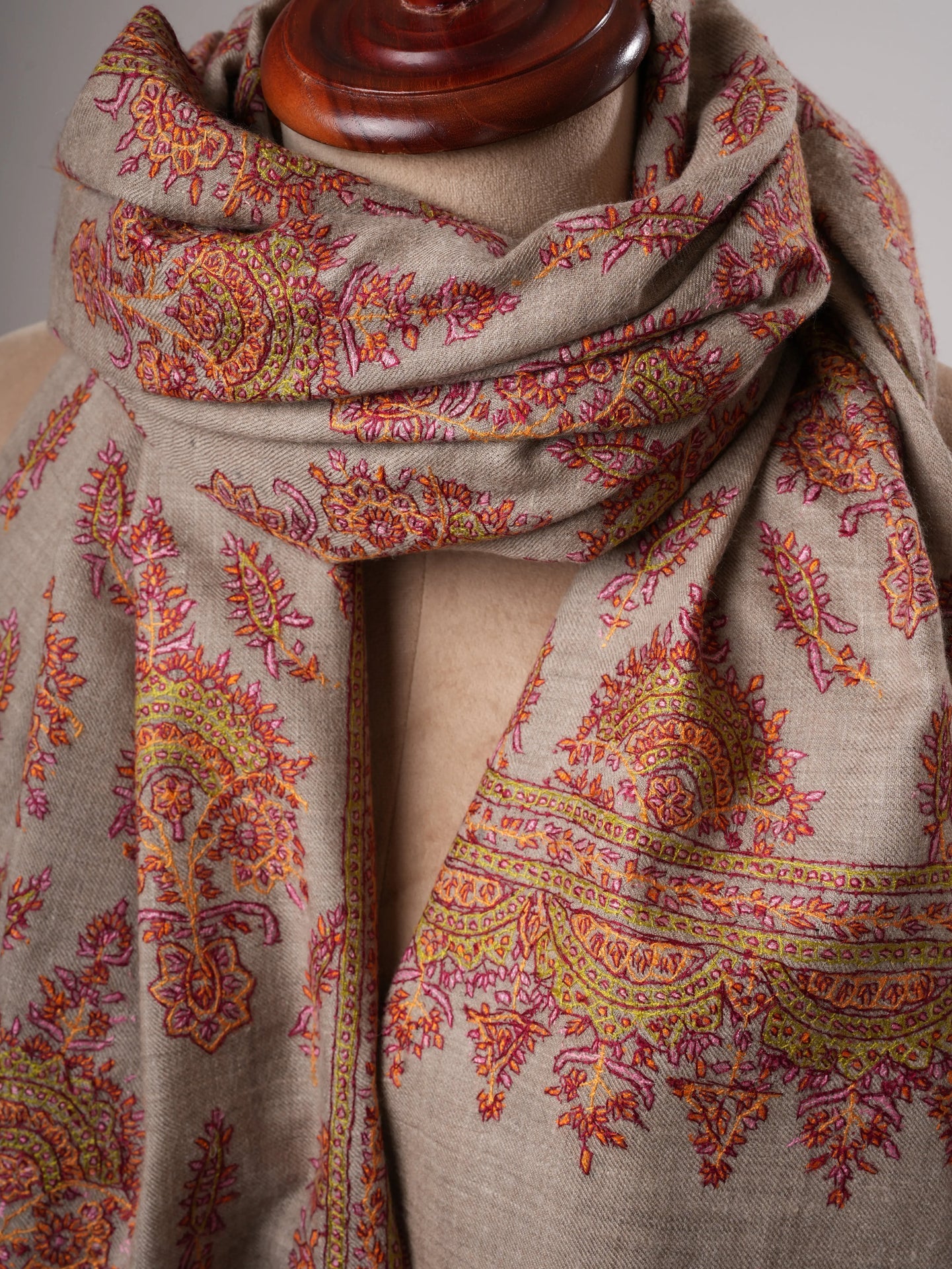 Natural Grey Kashmiri Pashmina Shawl with Classic Khakikaar Embroidery Shahkaar