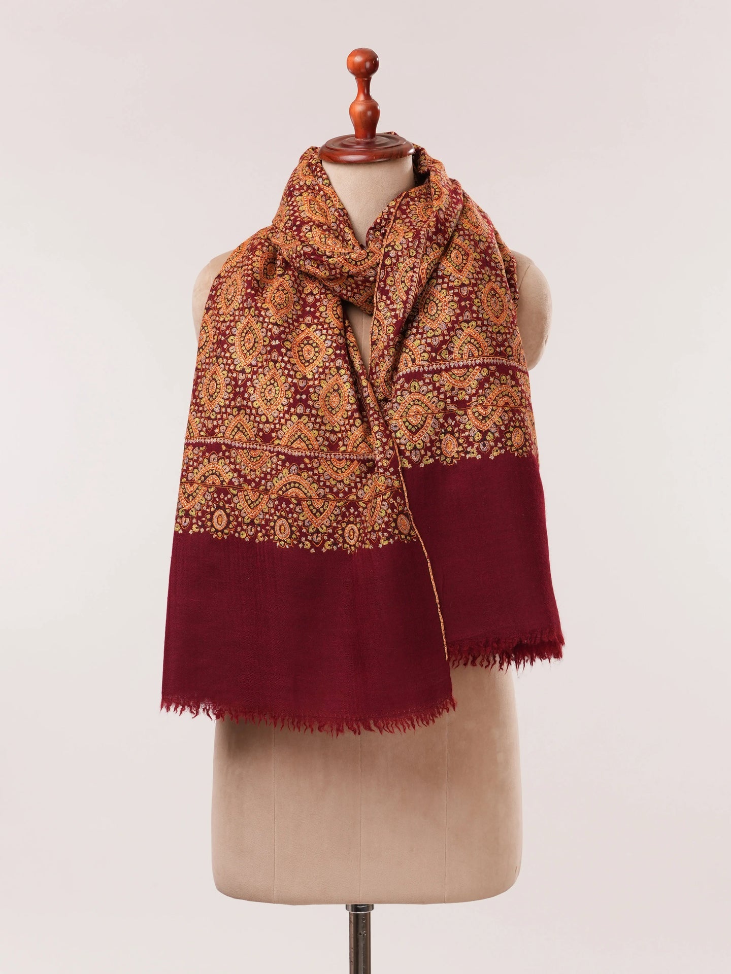 Burgundy Pure Pashmina Jamavar Shawl with Hand Sozni Embroidery Shahkaar.com