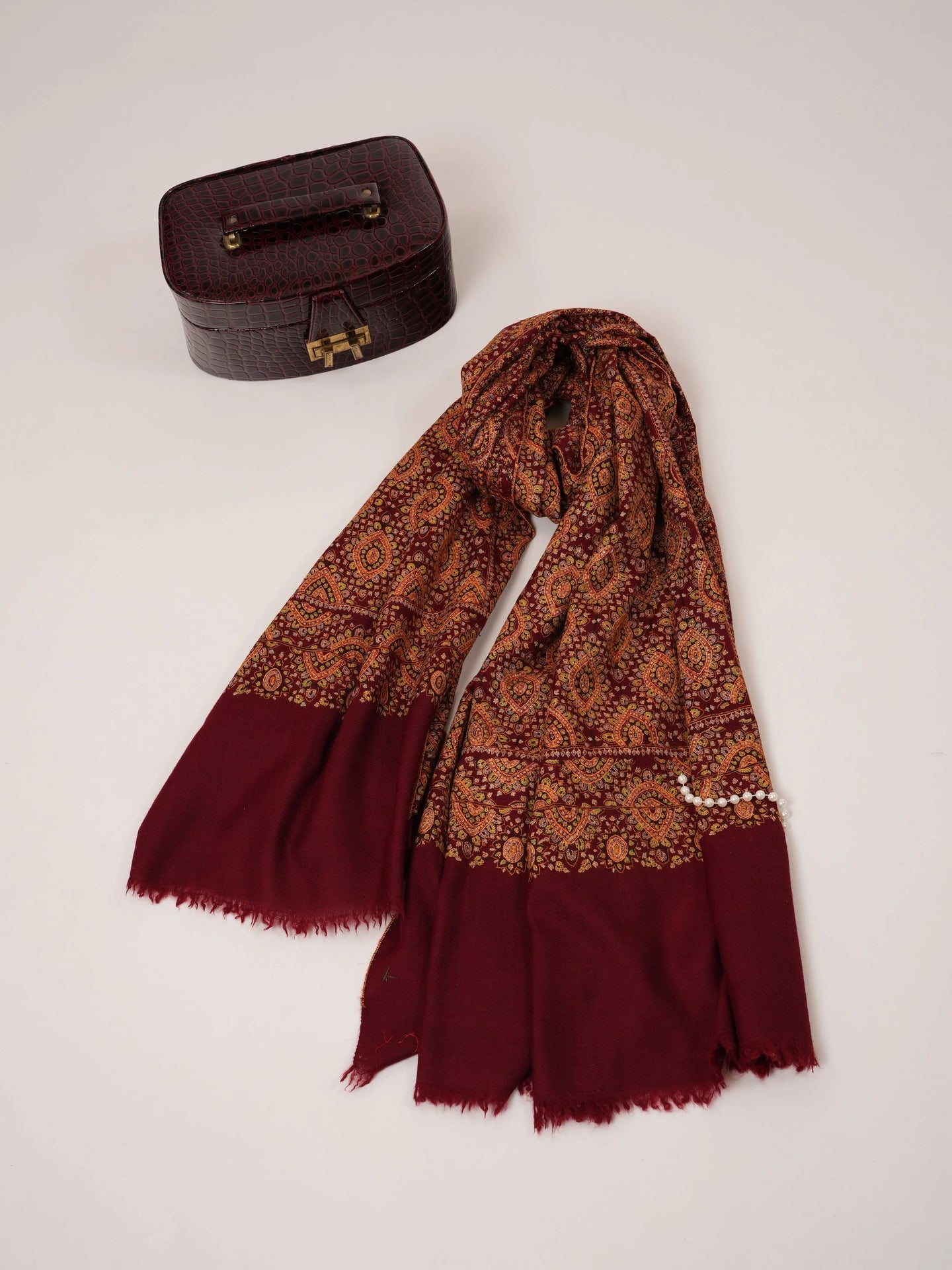 Burgundy Pure Pashmina Jamavar Shawl with Hand Sozni Embroidery Shahkaar.com