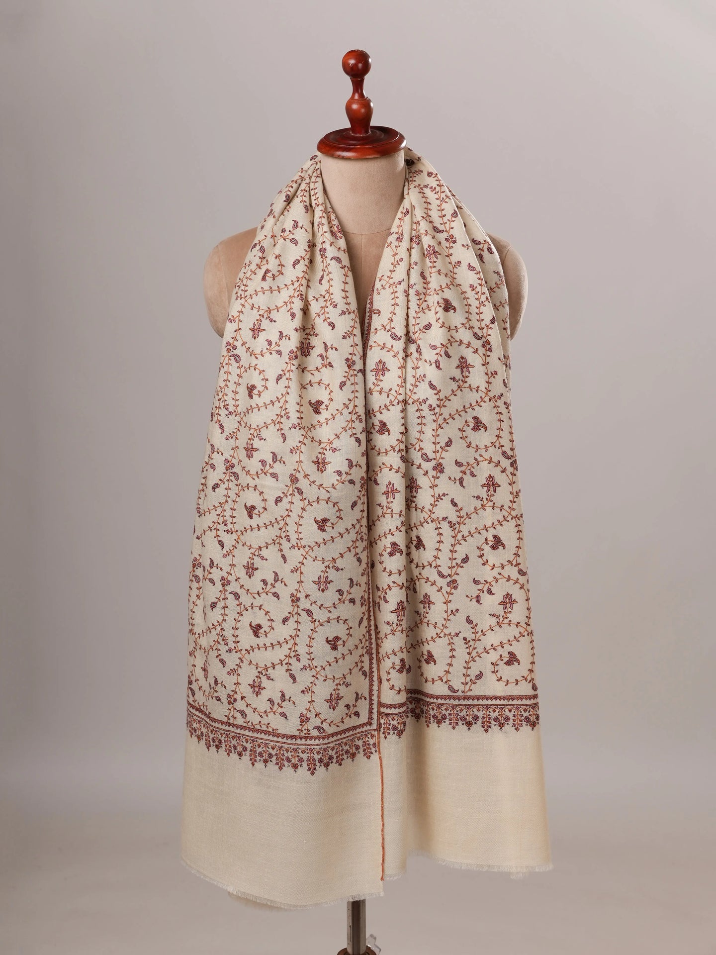 Ivory Pashmina Shawl with Detailed Hand Sozni Embroidery Shahkaar Global
