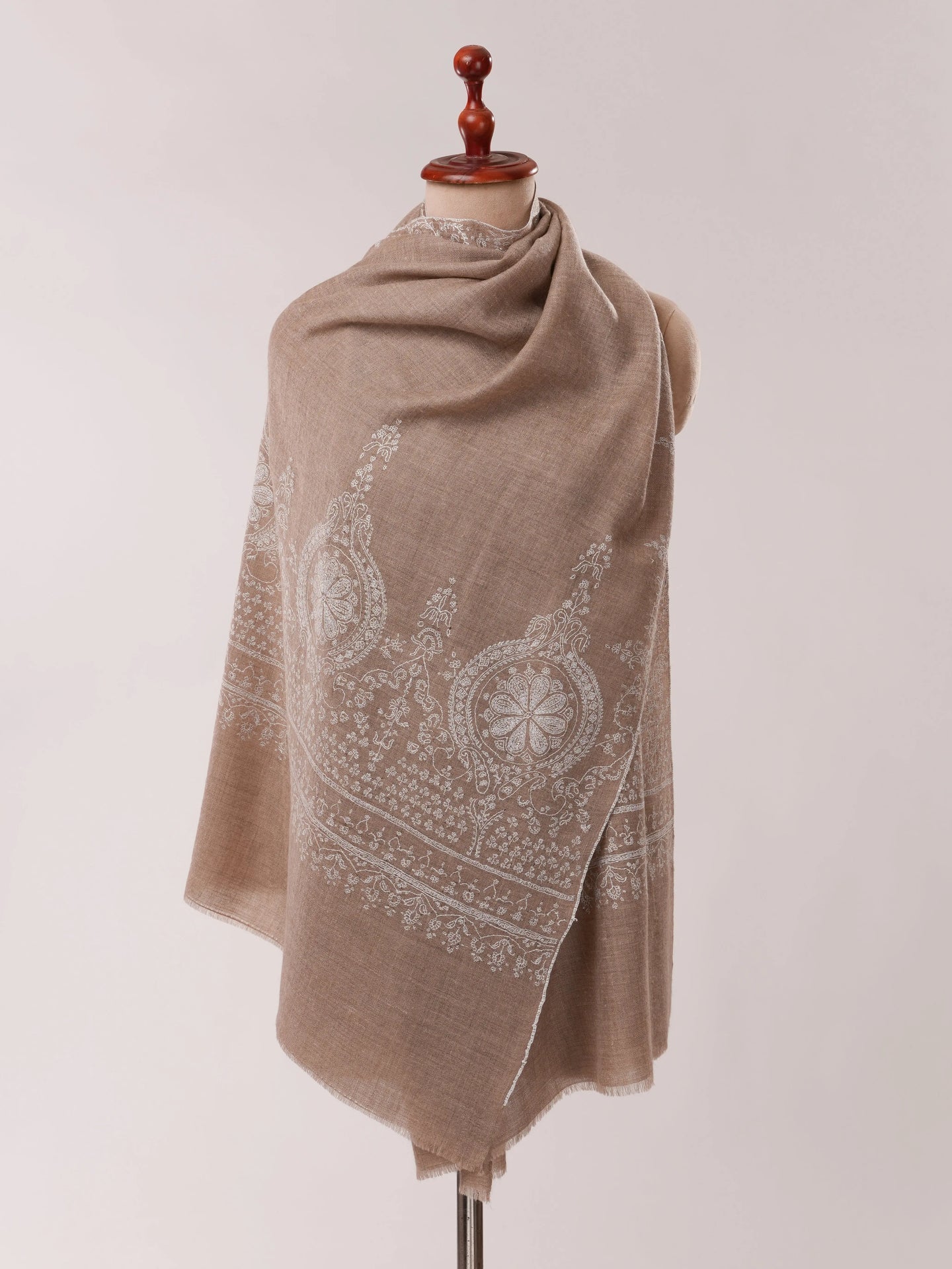Natural Grey Cashmere Scarf with White Hand Embroidery Shahkaar.com