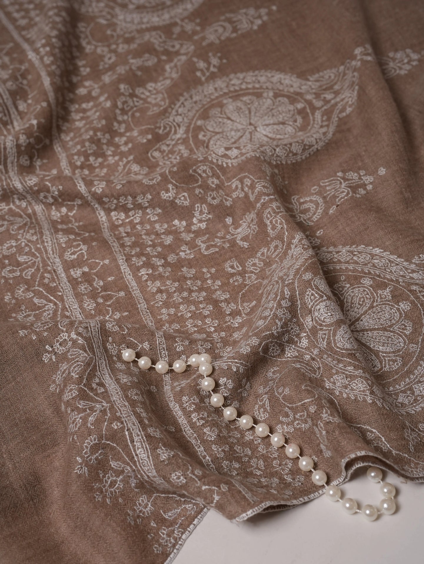 Natural Grey Cashmere Scarf with White Hand Embroidery Shahkaar.com