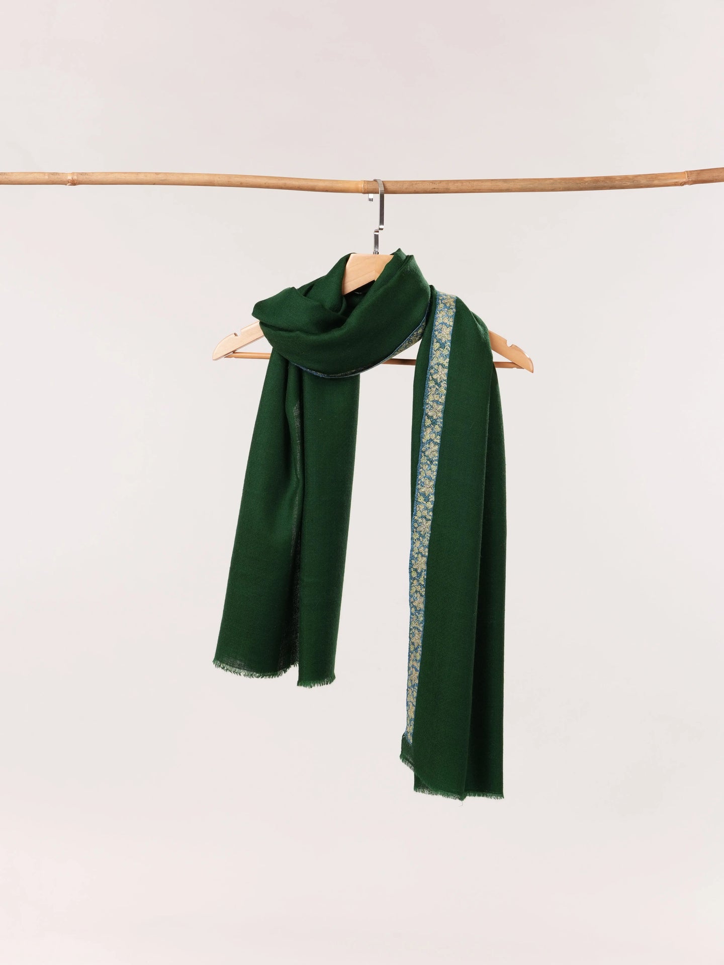 Deep Forest Green Handwoven Cashmere Scarf with Border Embroidery Shahkaar.com