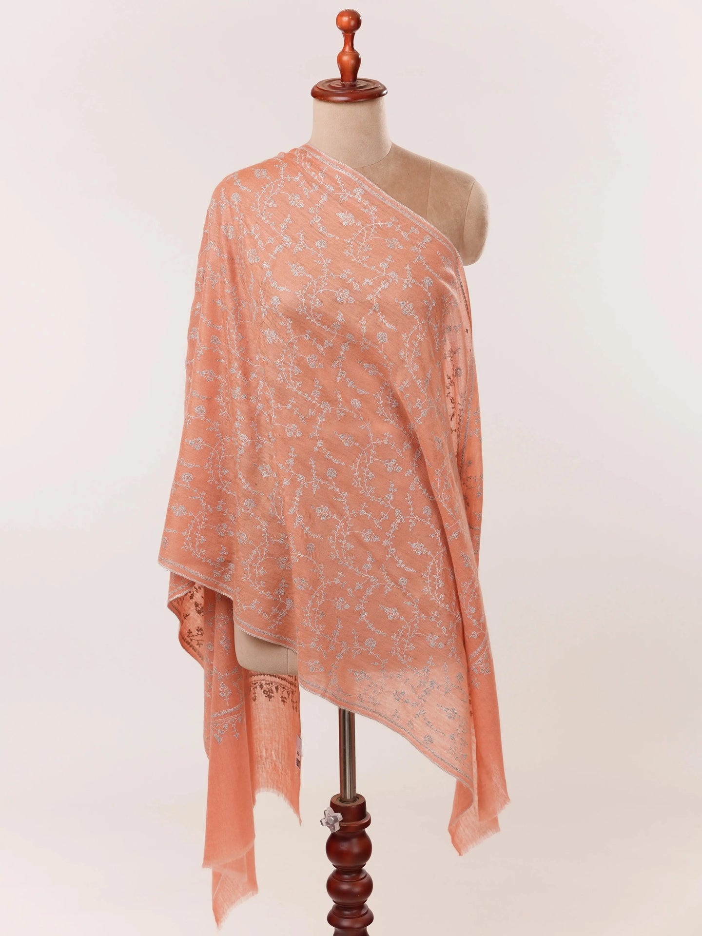 Soft Peach Featherlight Cashmere Scarf with Needlework Jali Embroidery Shahkaar.com