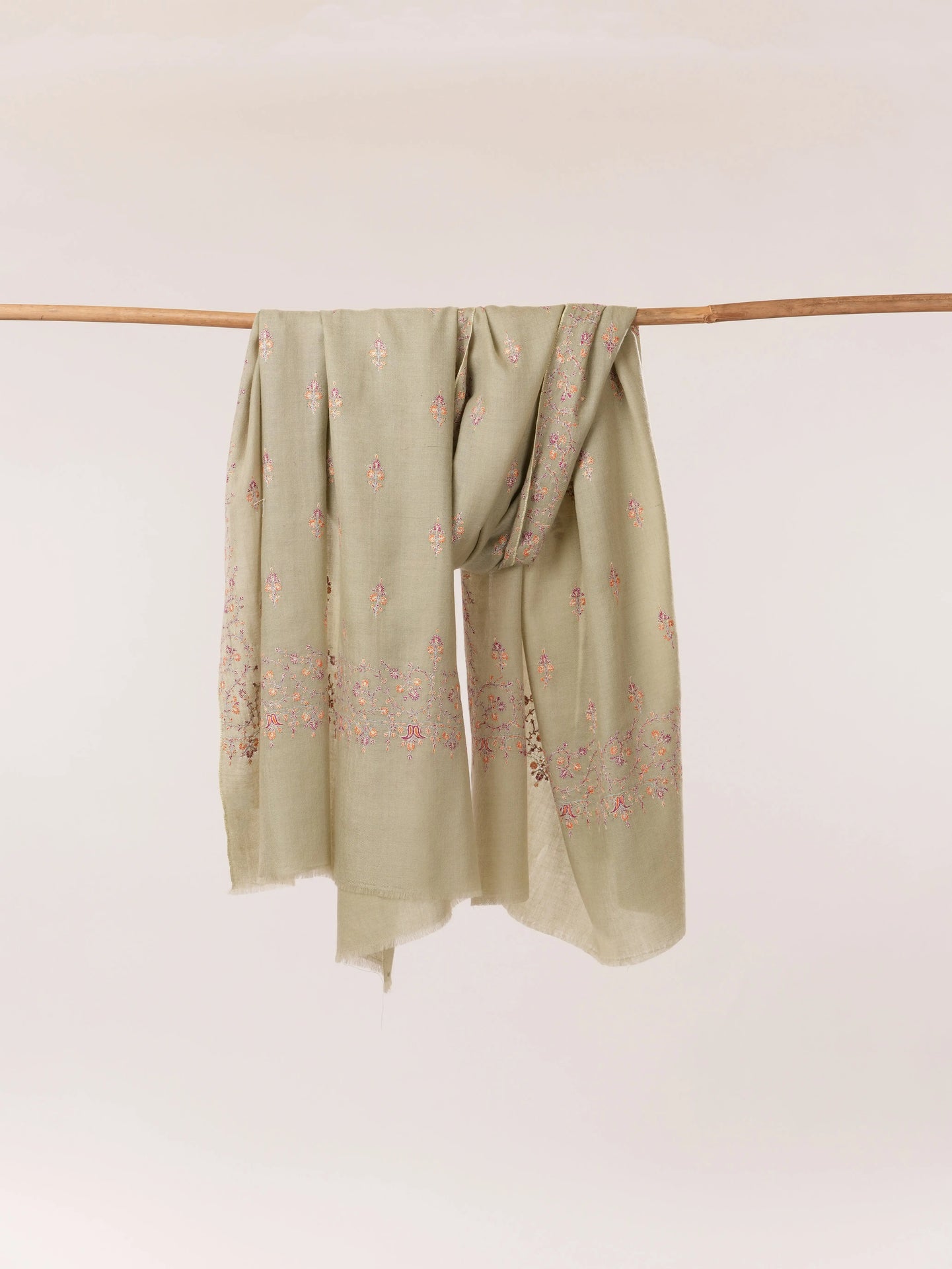 Fresh Green Handwoven Kashmiri Pashmina Shawl with Buteh Hand Sozni Embroidery Shahkaar.com