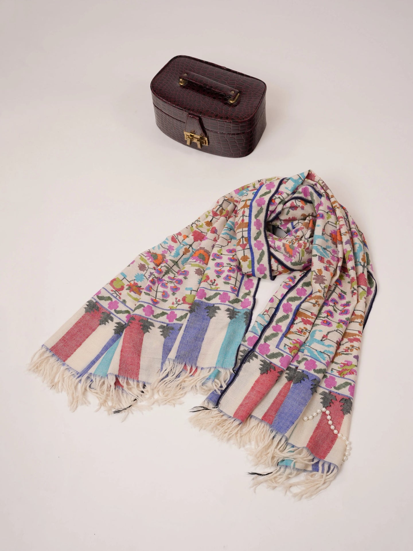 Natural White Floral Handwoven Kani Pashmina Shawl Shahkaar.com