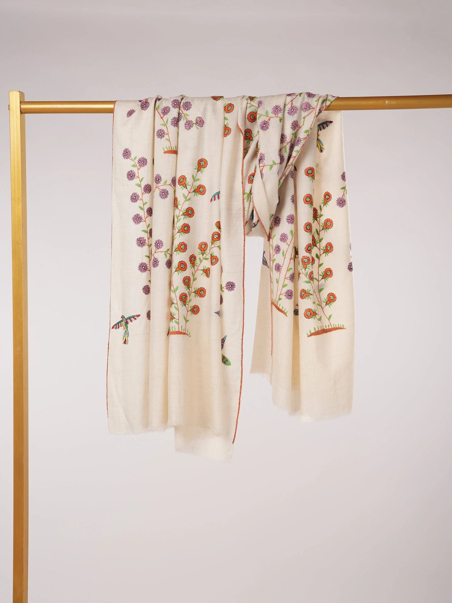White Kashmiri Handwoven Pashmina Shawl with Hand Sozni Embroidery Shahkaar.com