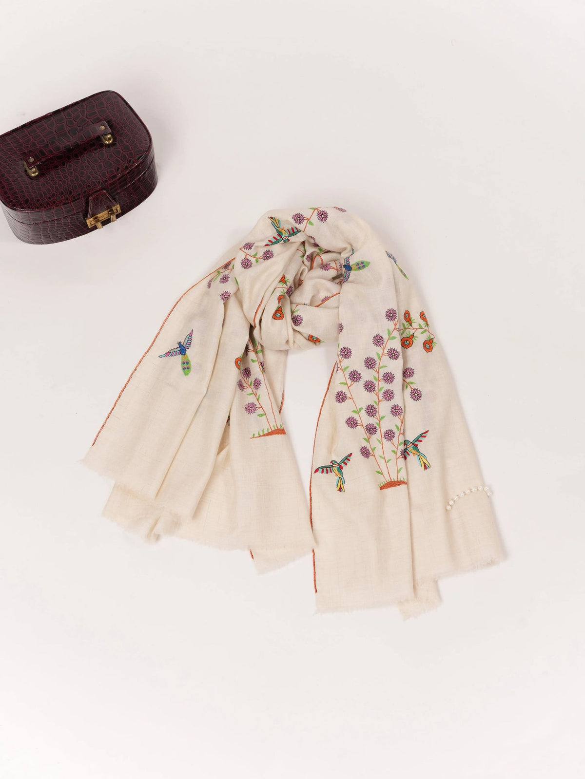 White Kashmiri Handwoven Pashmina Shawl with Hand Sozni Embroidery Shahkaar.com
