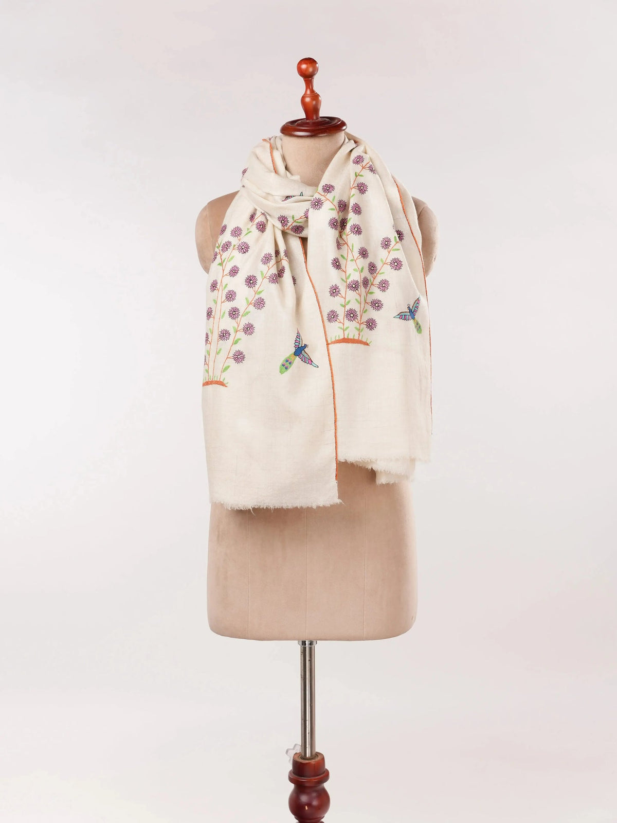 White Kashmiri Handwoven Pashmina Shawl with Hand Sozni Embroidery Shahkaar.com