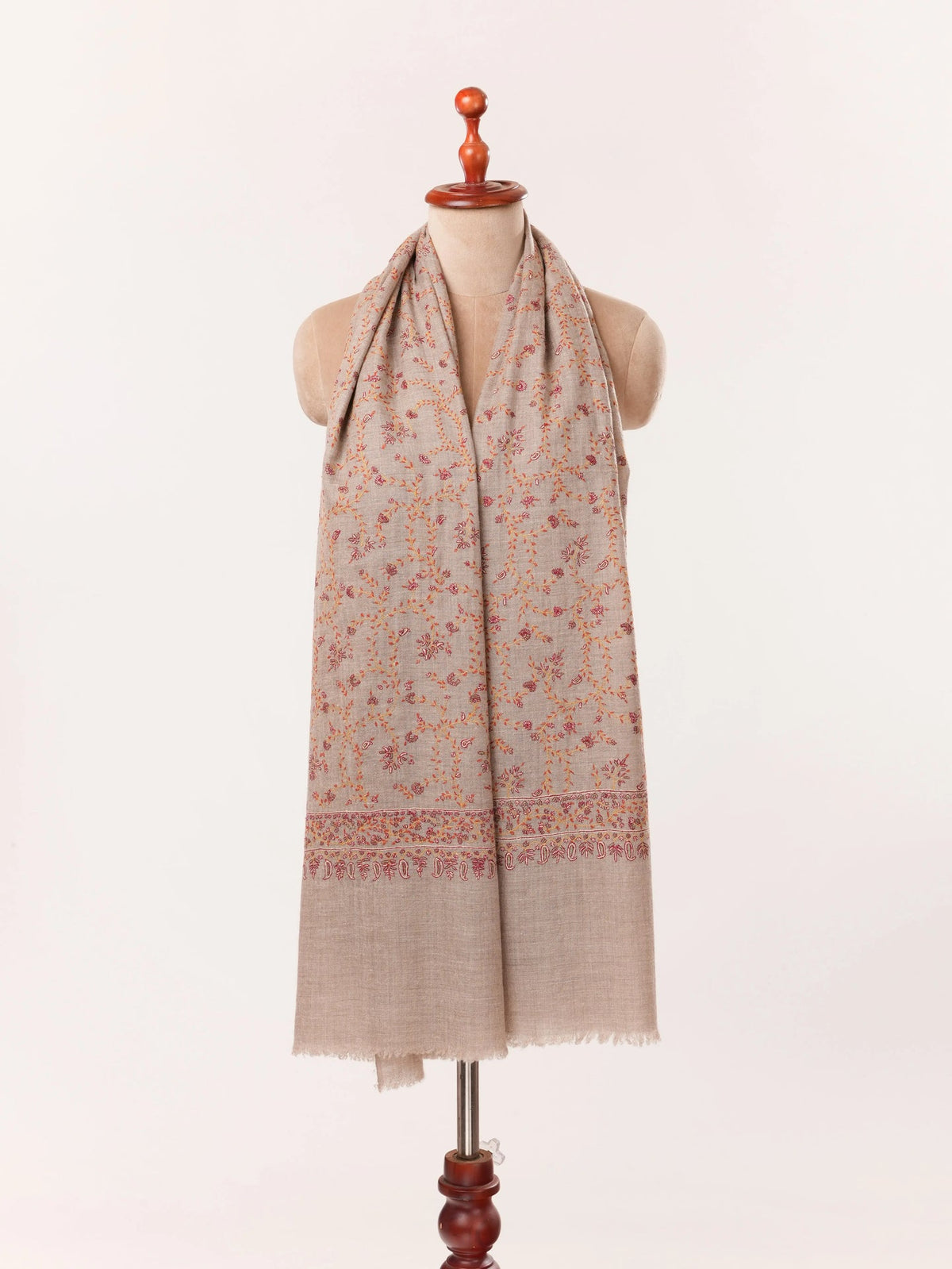 Natural Taupe Scarf in Cashmere with Classic Jali Sozni Hand Embroidery Shahkaar.com