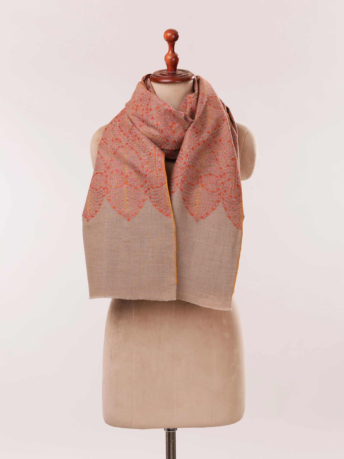 Natural Taupe Pure Pashmina Shawl with Detailed Silk Hand Embroidery Shahkaar.com