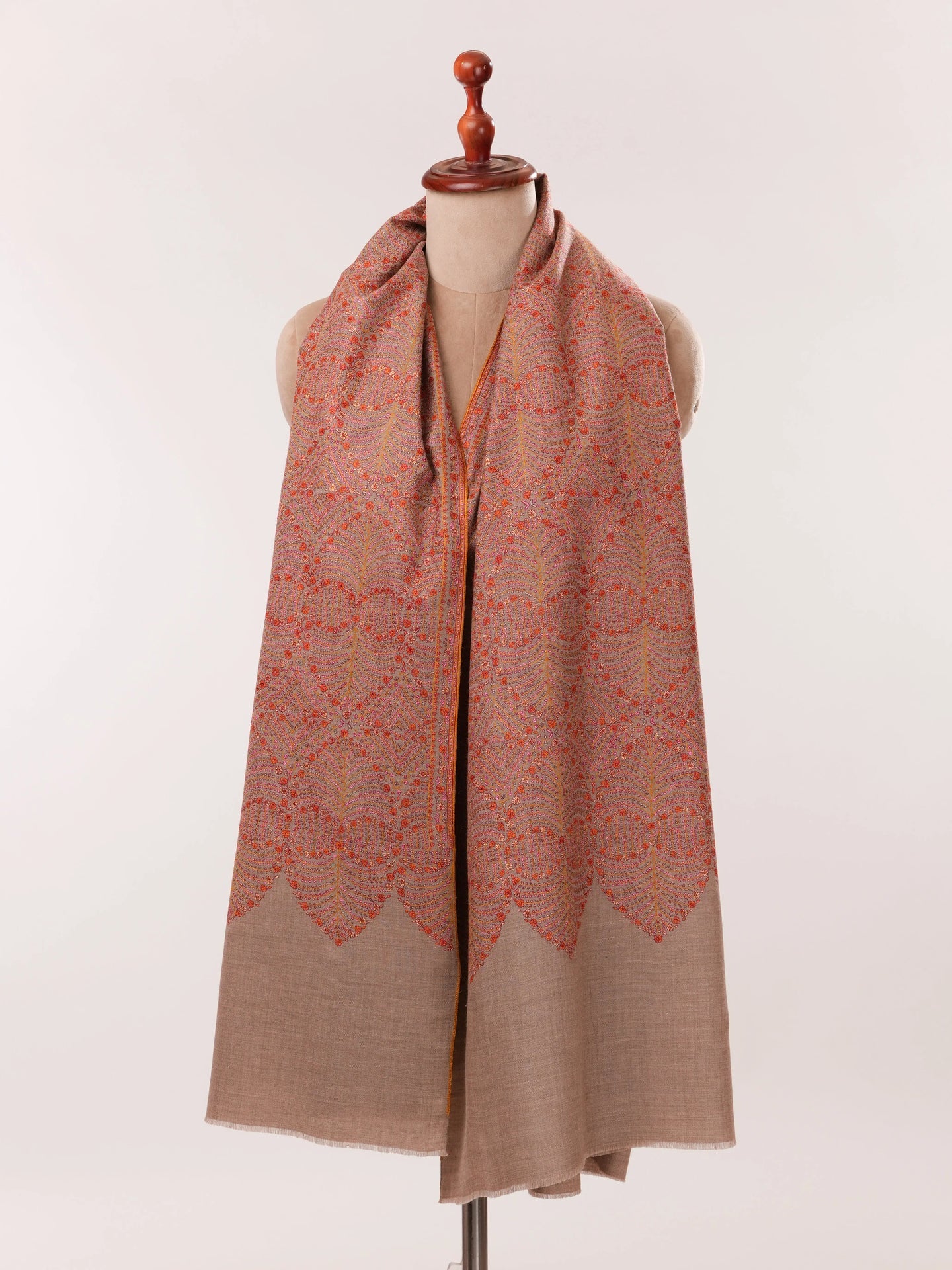 Natural Taupe Pure Pashmina Shawl with Detailed Silk Hand Embroidery Shahkaar.com