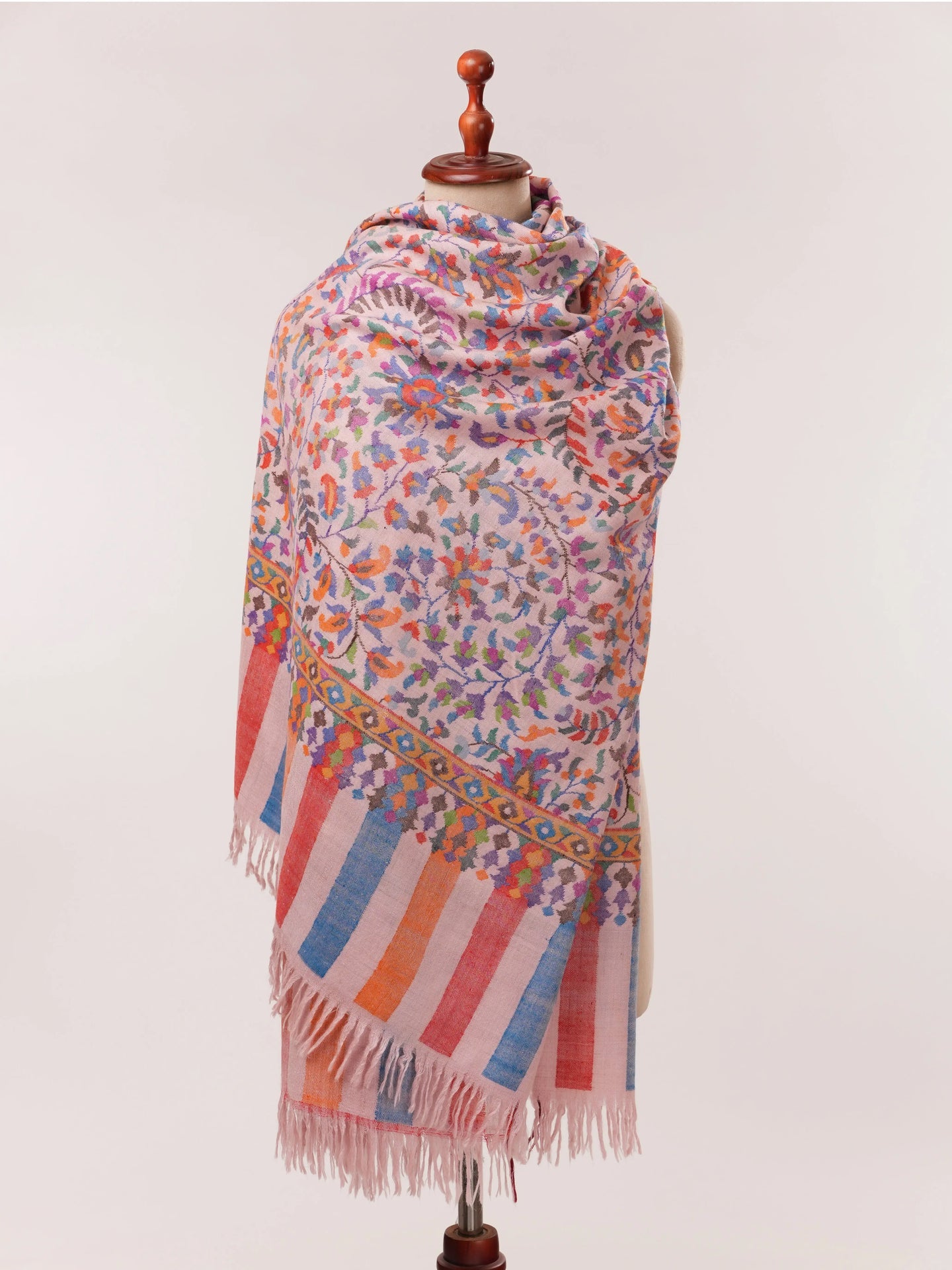 Baby Pink Handwoven Kani Jamavar Pashmina Shawl Shahkaar.com