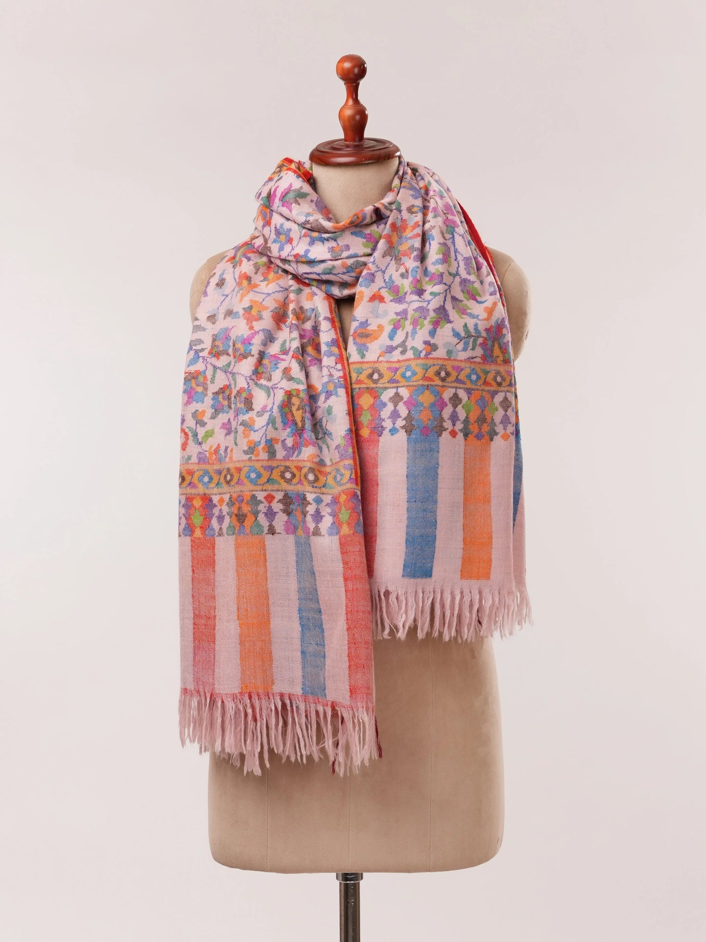 Baby Pink Handwoven Kani Jamavar Pashmina Shawl Shahkaar.com