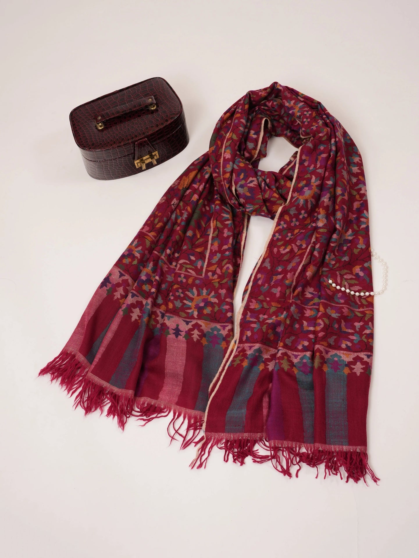 Maroon Flush Handwoven Oversized Kani Pure Pashmina Shawl Shahkaar.com