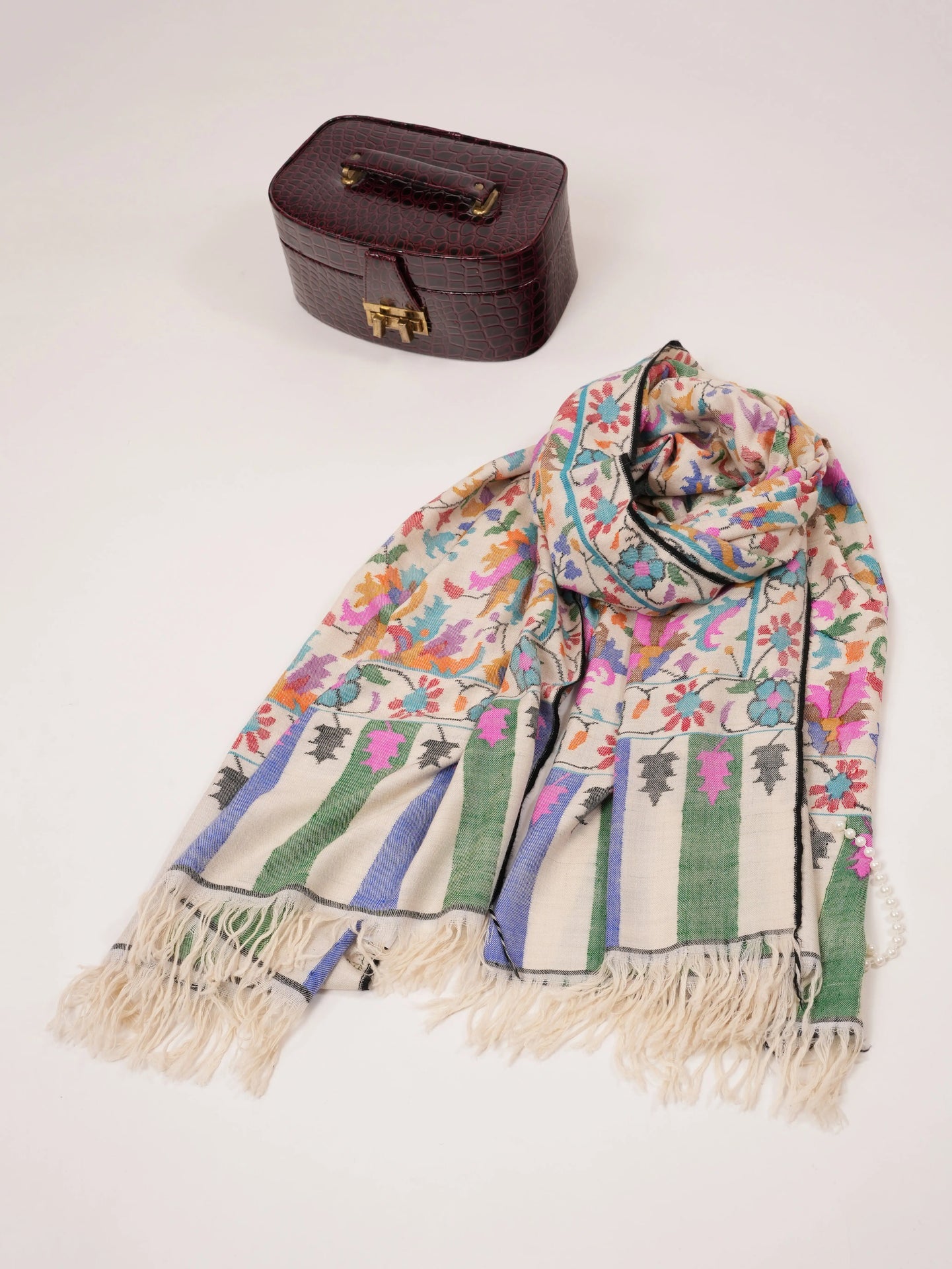 Natural White Floral Handwoven Kani Pashmina Shawl Shahkaar.com