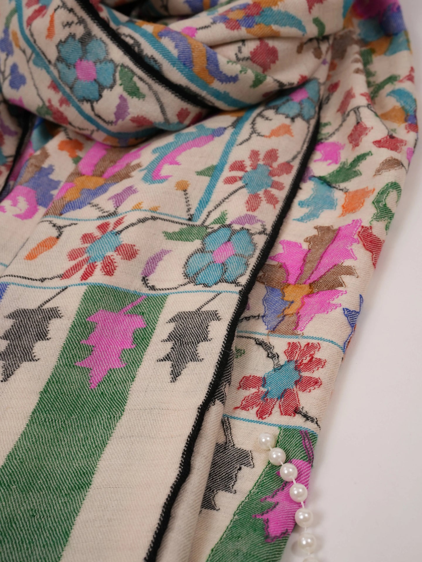 Natural White Floral Handwoven Kani Pashmina Shawl Shahkaar.com