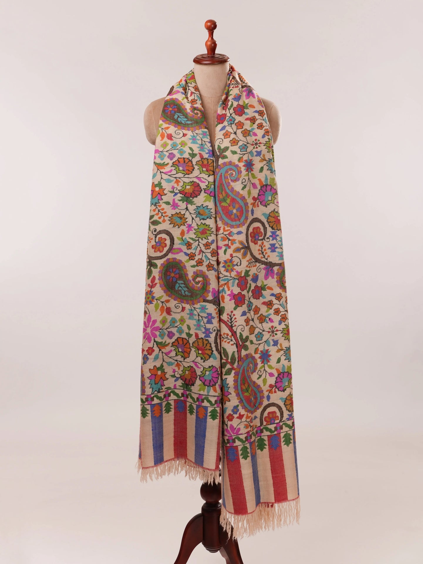 Oversized Cream Kani Floral Handwoven Pashmina Shawl Shahkaar.com