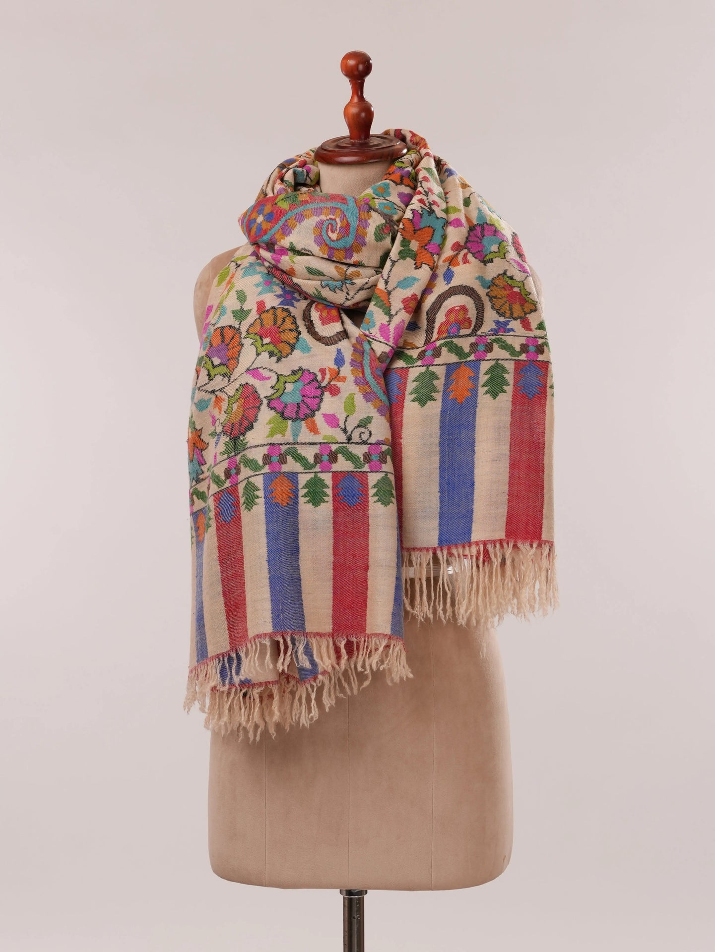 Oversized Cream Kani Floral Handwoven Pashmina Shawl Shahkaar.com