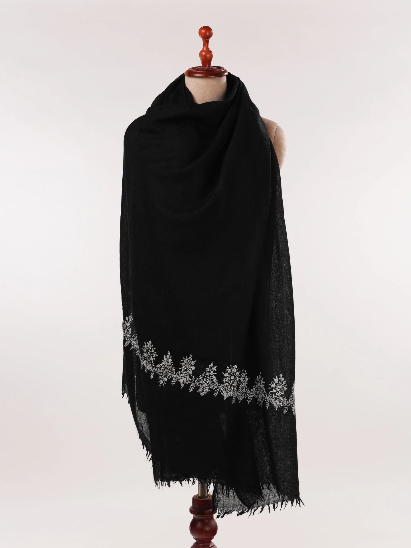 Palldar Black Pure Boiled Wool Shawl with Sozni Hand Embroidery Shahkaar.com