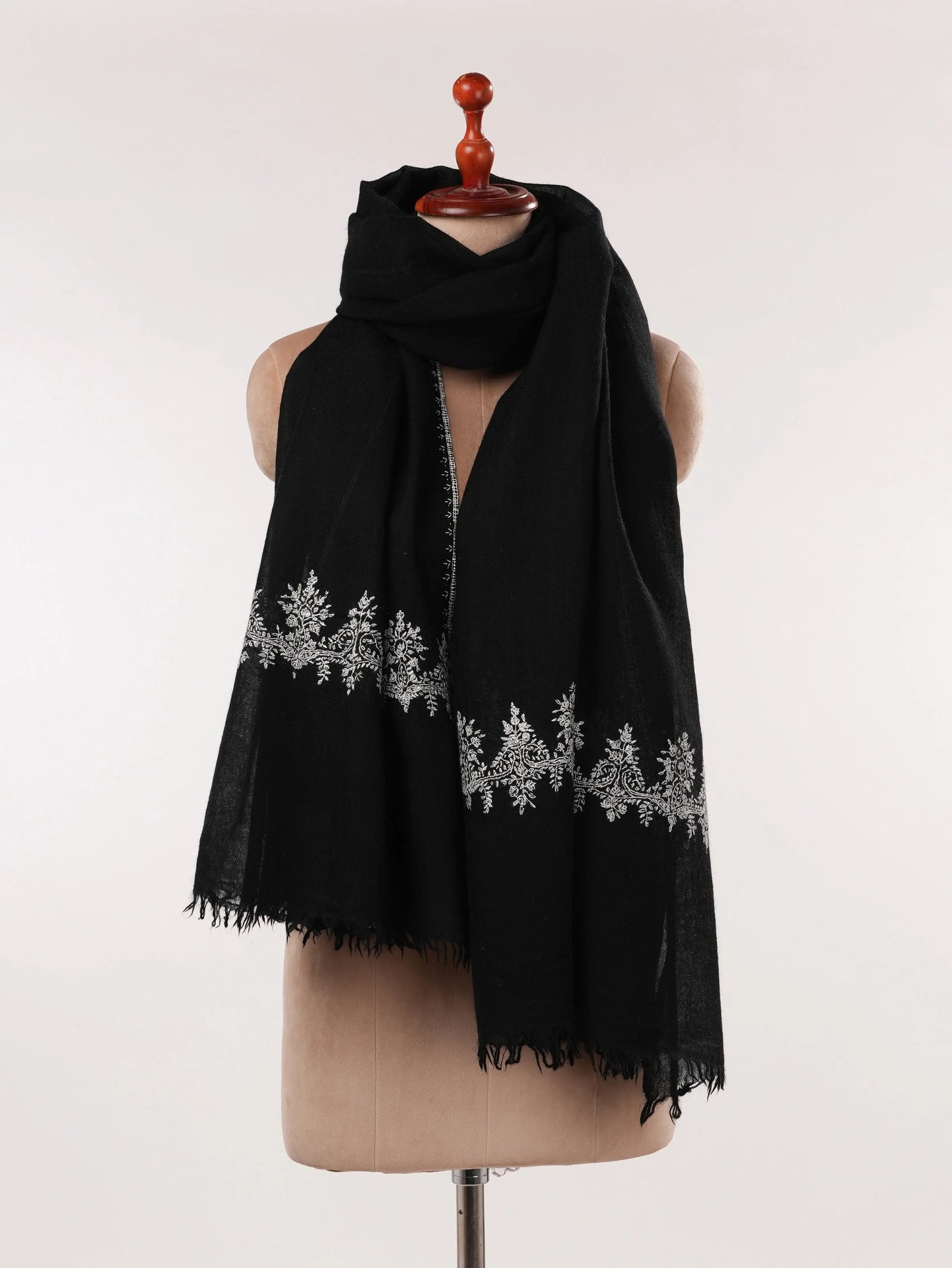 Palldar Black Pure Boiled Wool Shawl with Sozni Hand Embroidery Shahkaar.com