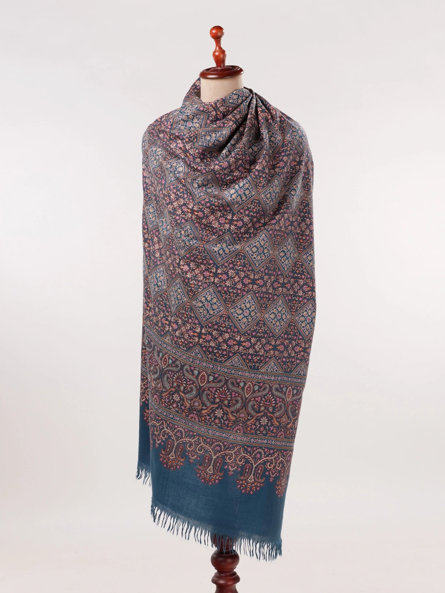 Kalamkari Handwoven Navy Blue Pashmina Shawl with Hand Embroidery Shahkaar.com