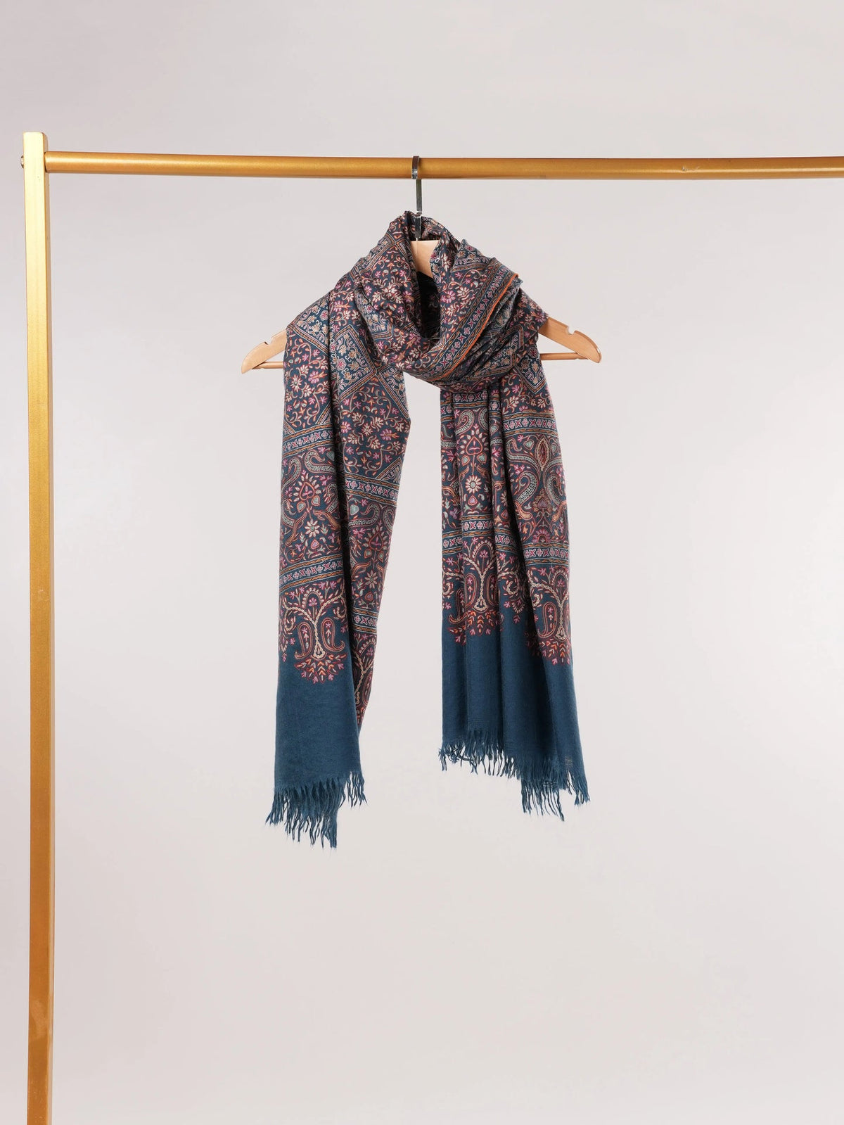 Kalamkari Handwoven Navy Blue Pashmina Shawl with Hand Embroidery Shahkaar.com